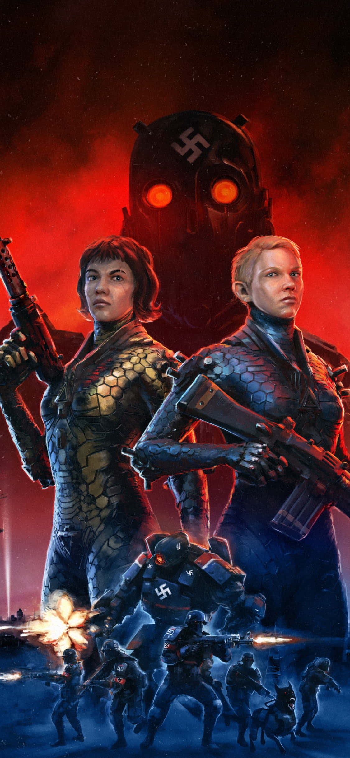 iPhone Xs Wolfenstein Ii 桌布 壁紙 — 兩名身穿裝甲的女兵在熾熱的紅色天空下，挑釁地站在高聳的機械敵人面前。