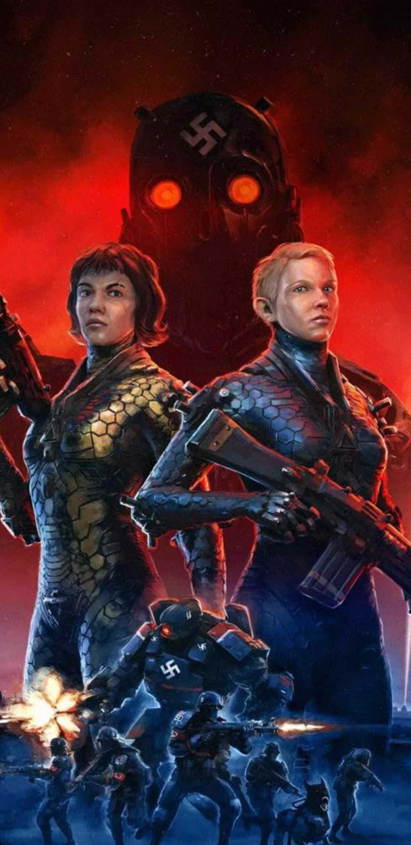 Pixel 3xl Wolfenstein Ii 桌布 壁紙 — 兩名身穿裝甲的女戰士挑釁地站在一個擁有發光橙色眼睛的迫近機械敵人面前，背景是火紅的天空。