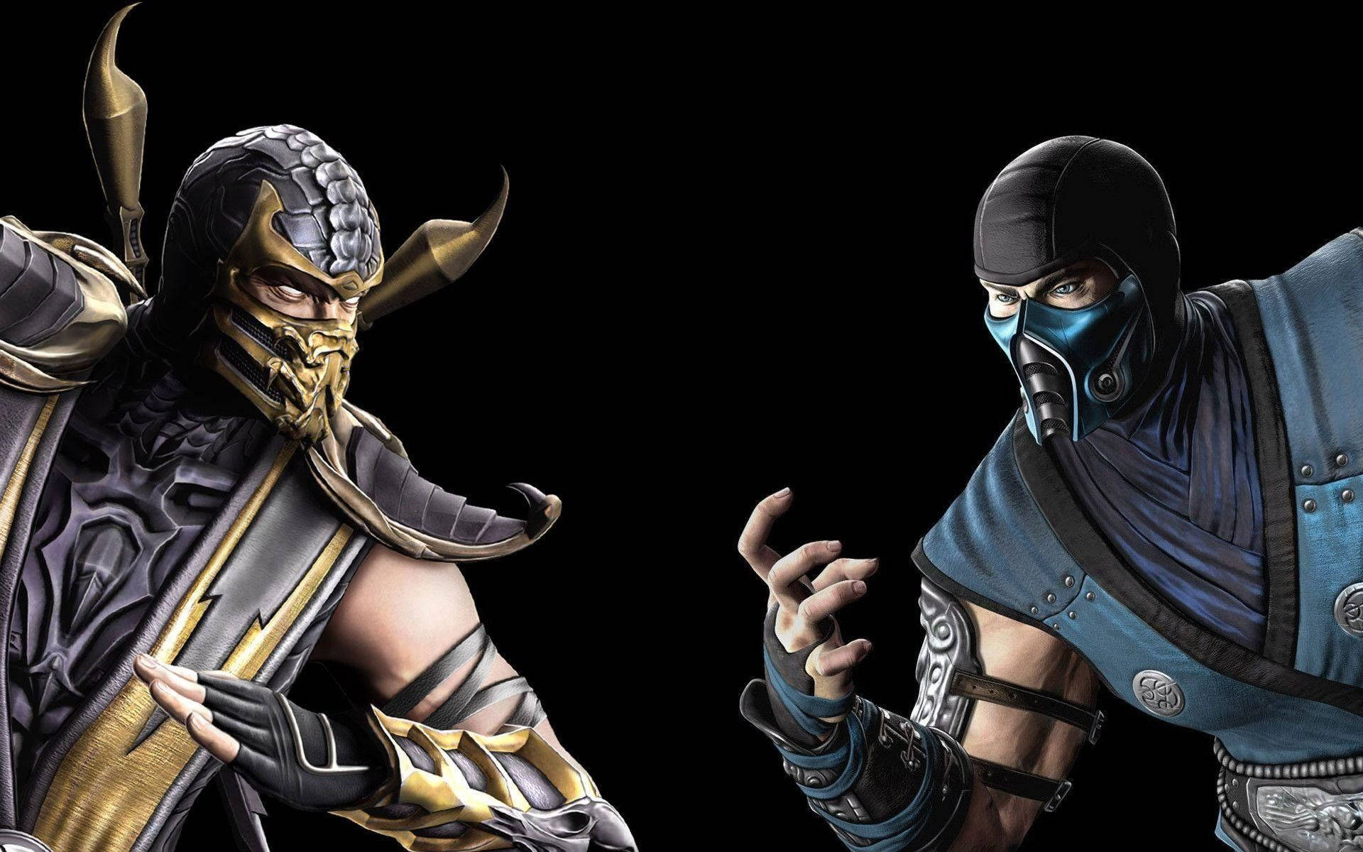 mortal kombat scorpion vs sub zero 桌布 壁紙 — 兩名身穿裝甲的忍者戰士在黑色背景前對峙，一個身穿金黑色，另一個身穿藍黑色。
