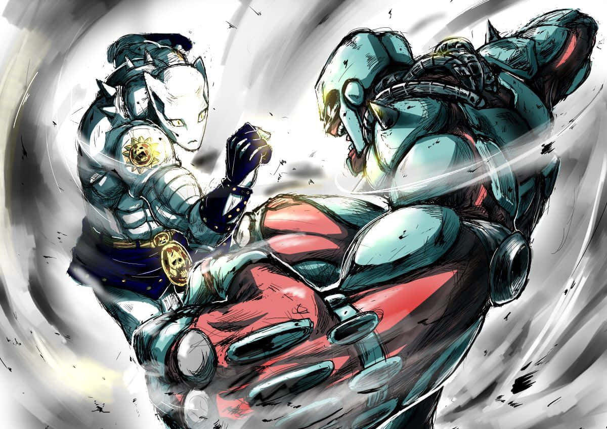 Diamond Is Unbreakable 桌布 壁紙 — 兩名身穿裝甲的戰士在動態的動漫戰鬥中碰撞，伴隨著旋轉的運動線條和戲劇性的燈光。