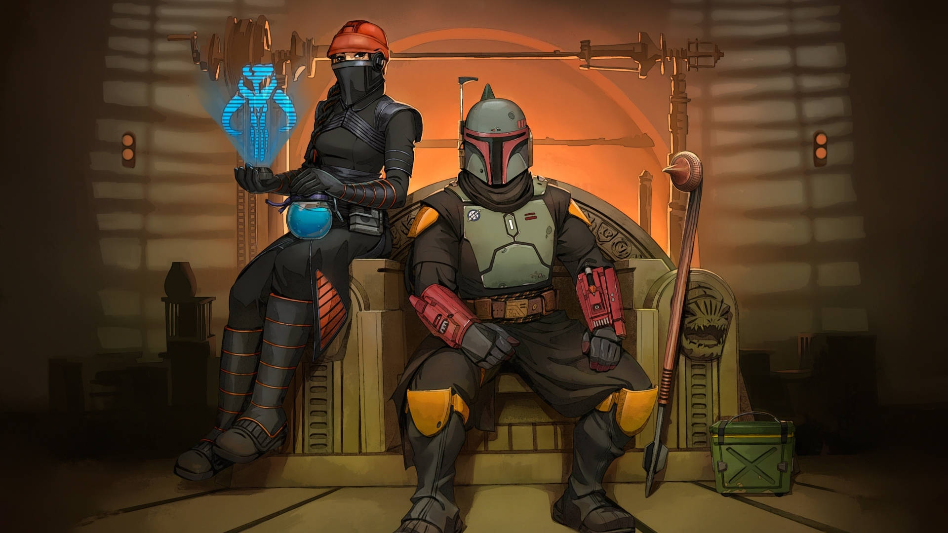 Boba 桌布 壁紙 — 兩名身穿裝甲的賞金獵人威嚴地坐在一個光線昏暗、帶有橙色燈光和未來主義裝飾的房間裡的王座上。