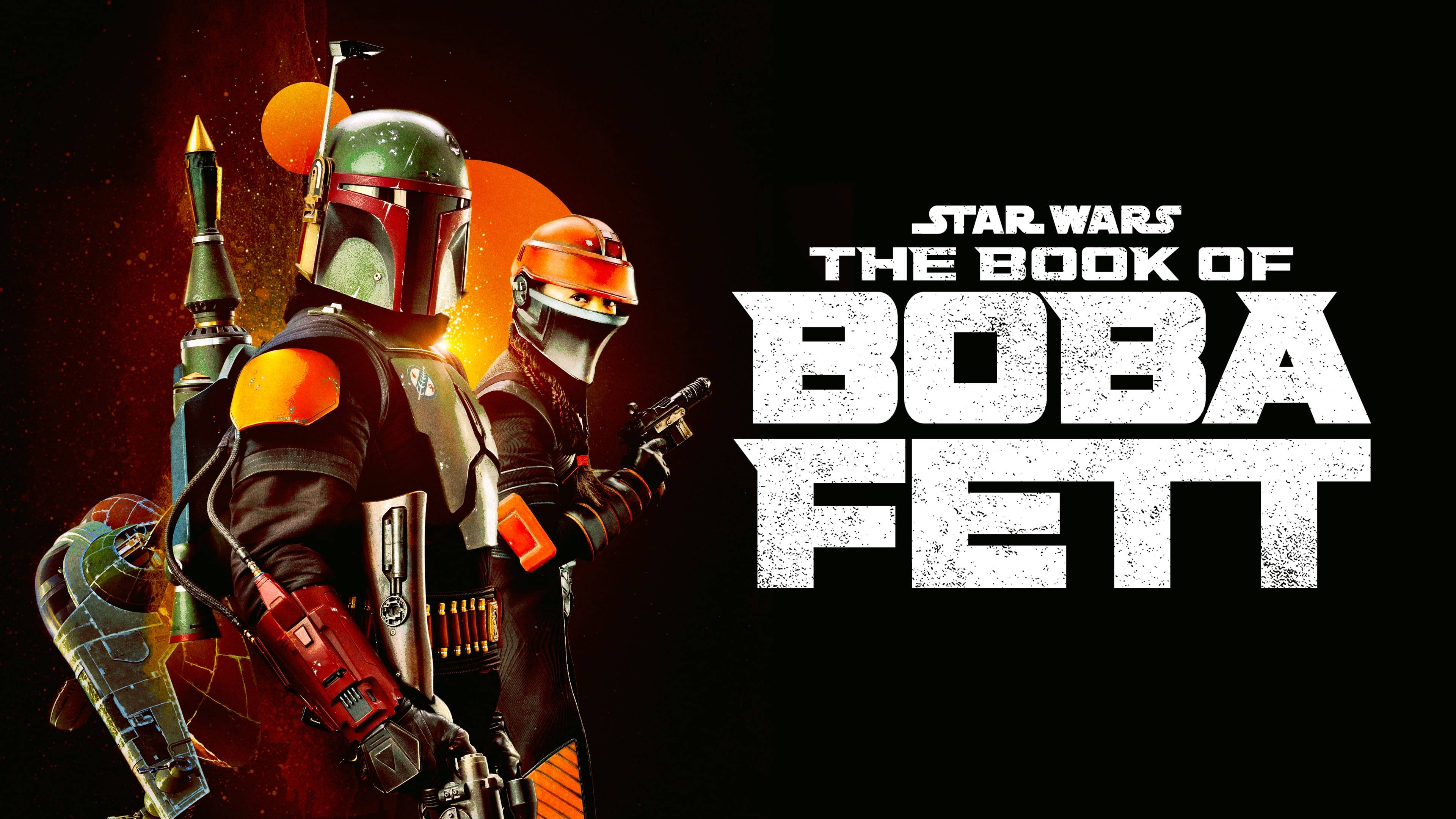 Boba 桌布 壁紙 — 兩名身穿裝甲的賞金獵人站在熾熱的橙色星球背景下，帶有粗體的星際大戰標題文字。
