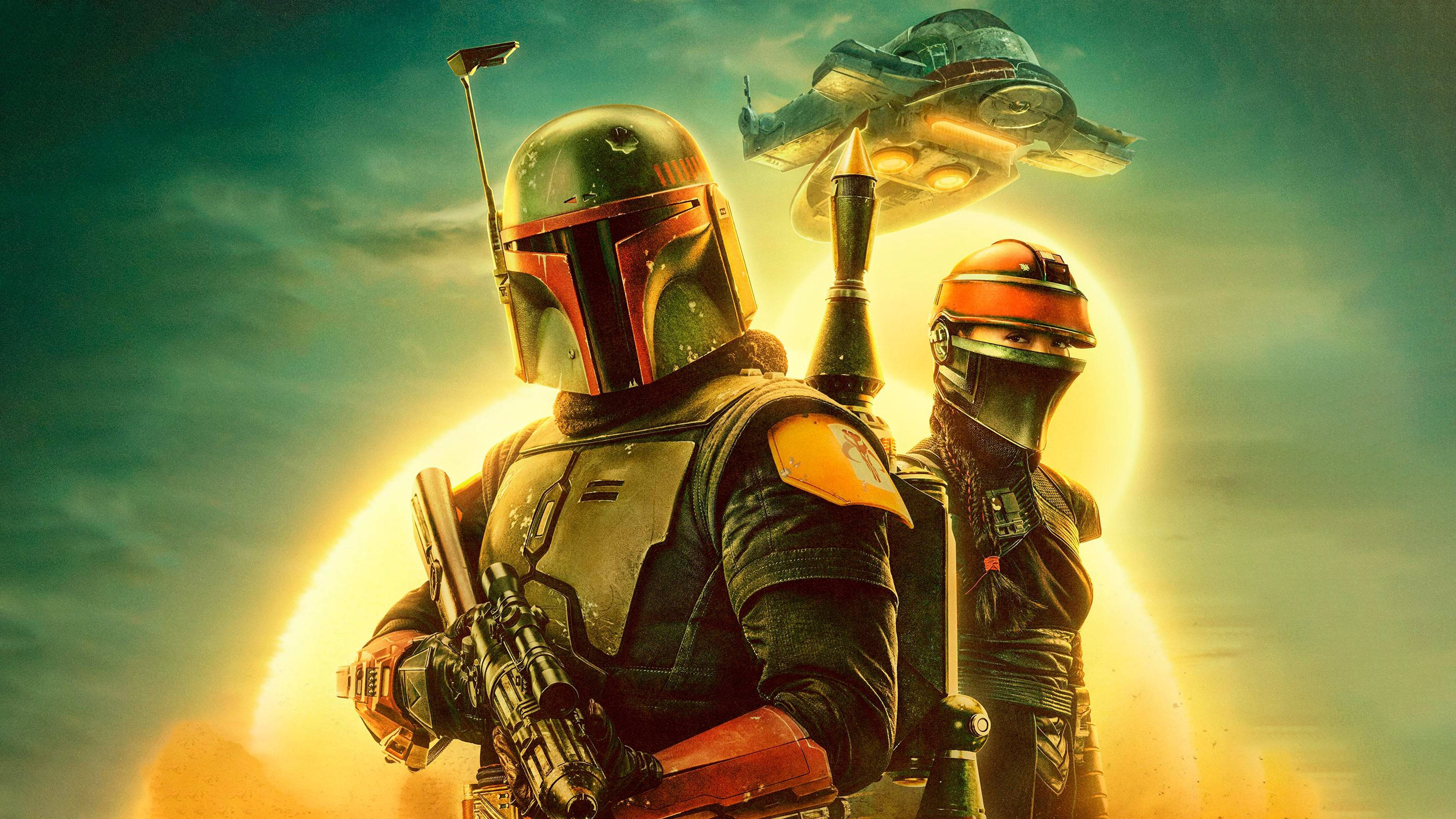 Boba 桌布 壁紙 — 兩名身穿裝甲的賞金獵人站在發光的太陽前，一艘太空船在上方盤旋，構成一個戲劇性的科幻場景。