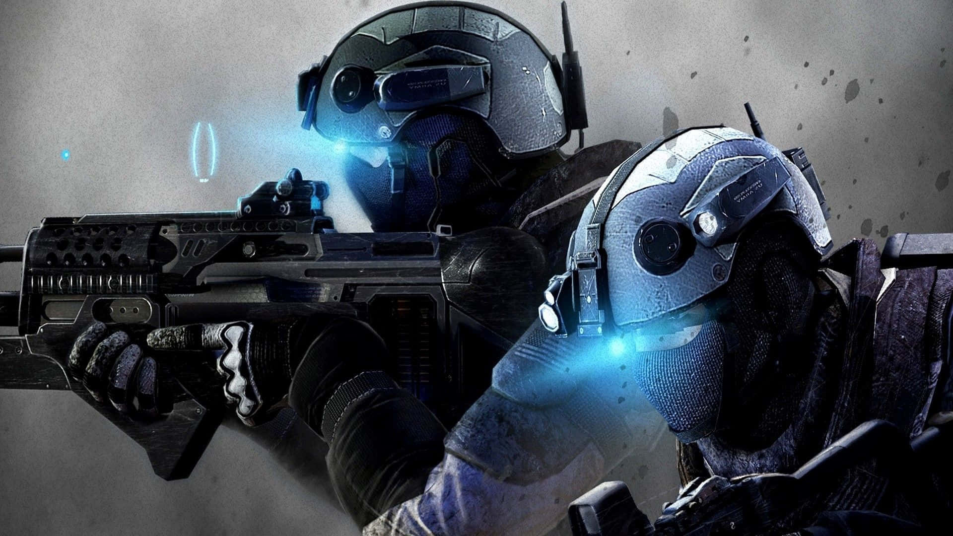 Action Games 桌布 壁紙 — 兩名身穿裝甲裝備的未來士兵，在灰暗粗糙的背景前，瞄準帶有藍色發光裝飾的重型武器。