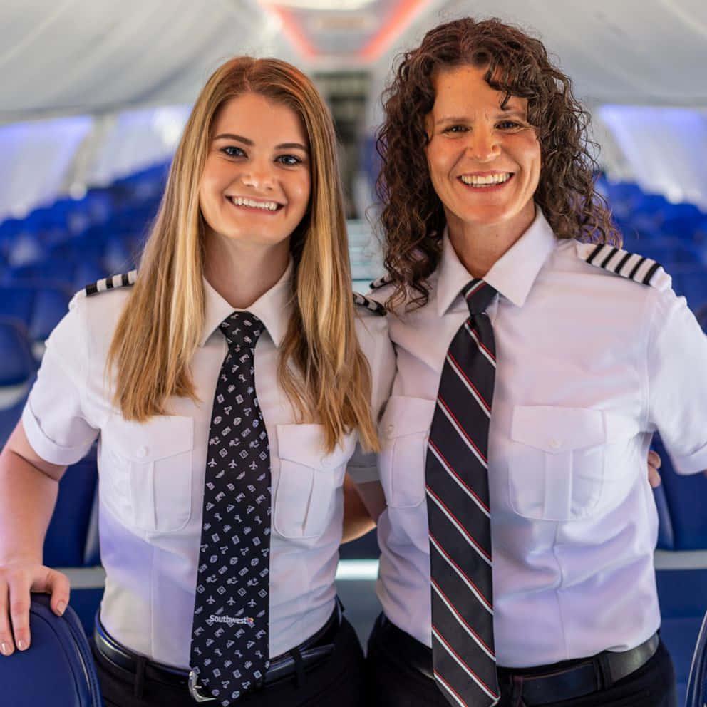women 桌布 壁紙 — 兩名身穿西南航空制服、面帶微笑的女機師在飛機艙內自信地擺姿勢。