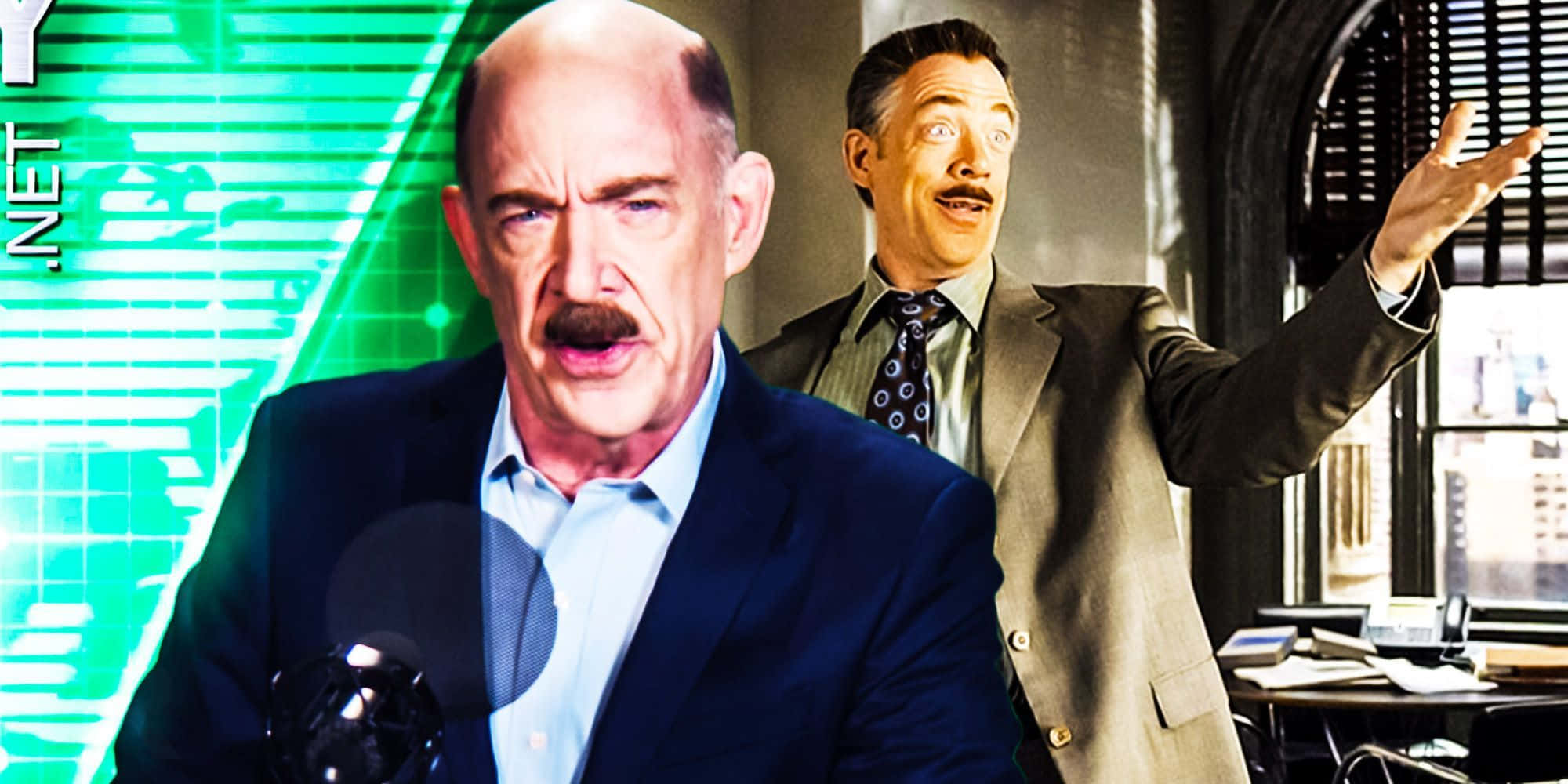 J Jonah Jameson 桌布 壁紙 — 兩名身穿西裝的男子在一個帶有綠色數位圖形和窗景的辦公室中戲劇性地反應。