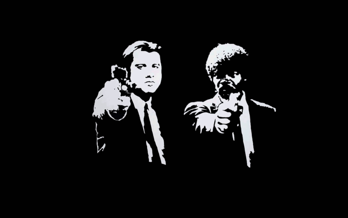 Pulp Fiction 桌布 壁紙 — 兩名身穿西裝的男子在深色背景下以鮮明的黑白圖形風格向前指槍。