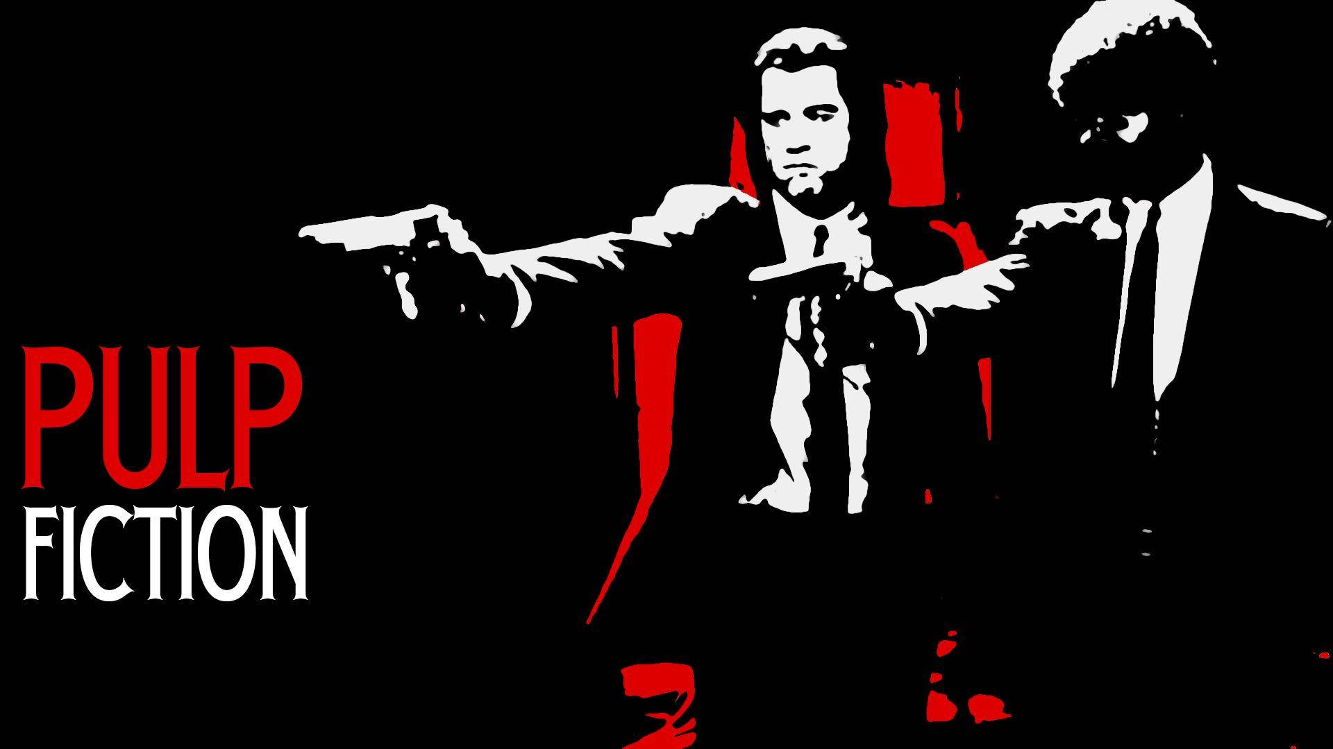 Pulp Fiction 桌布 壁紙 — 兩名身穿西裝的男子在鮮明的黑白圖形中舉槍，帶有醒目的紅色點綴和「Pulp Fiction」文字。