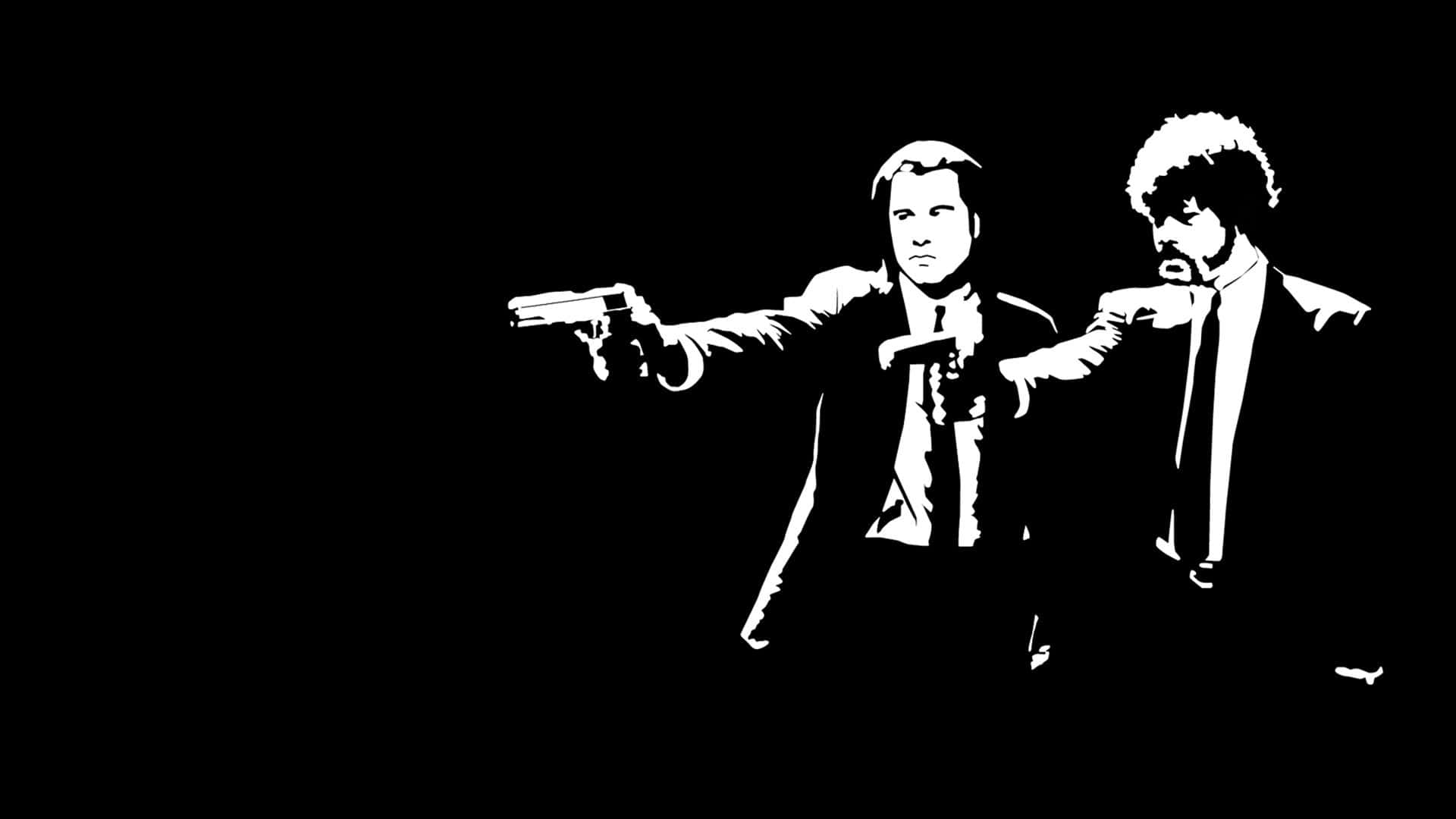 1920x1080 HD Movie 桌布 壁紙 — 兩名身穿西裝的男子在黑暗背景下以鮮明的黑白剪影舉槍瞄準。