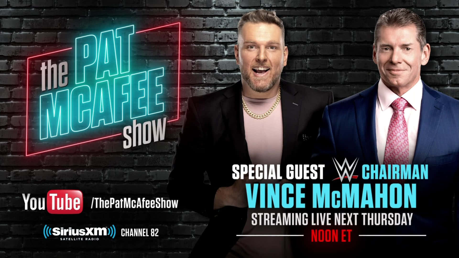 WWE 桌布 壁紙 — 兩名身穿西裝的男子站在一個發光的霓虹燈牌前，上面寫著「The Pat McAfee Show」，背景是深色磚牆。
