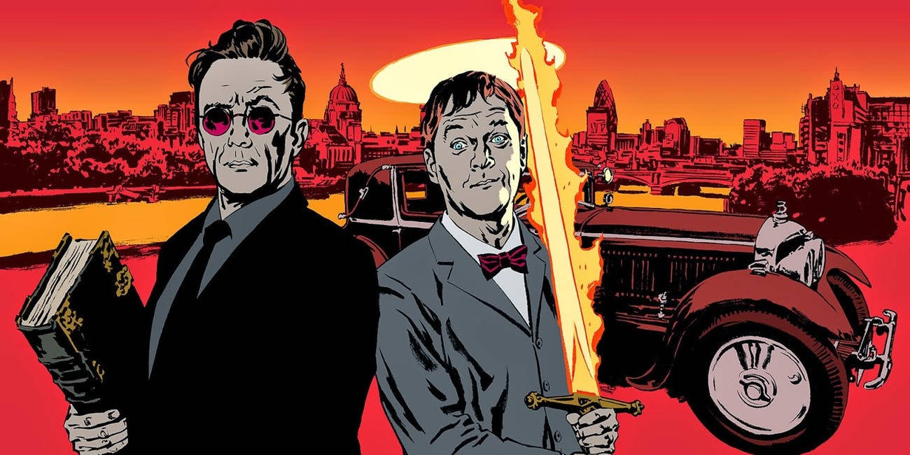 Good Omens 桌布 壁紙 — 兩名身穿西裝的男子站在一把火焰劍前，背景是紅橙色城市景觀和復古汽車。
