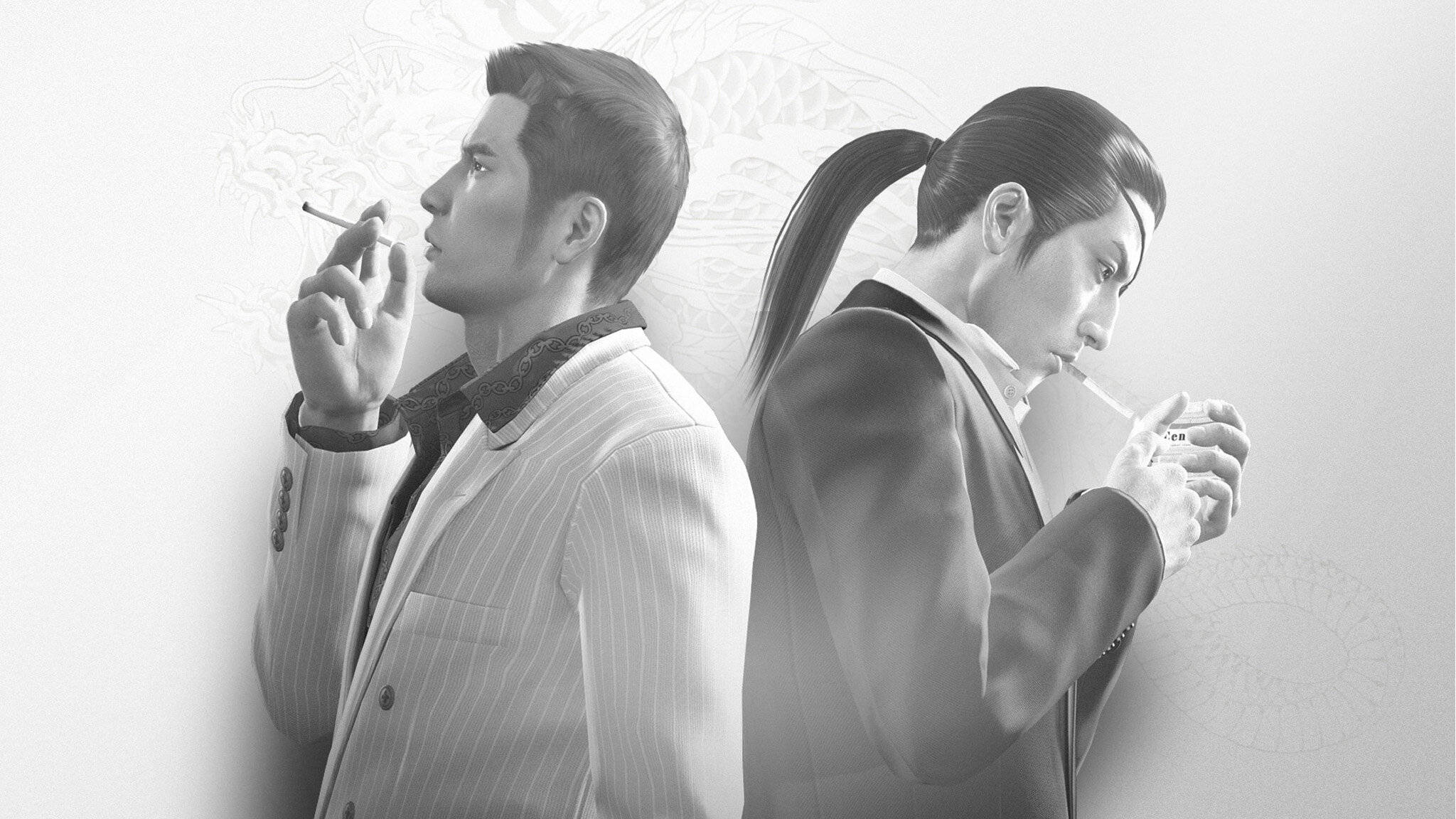 Majima Goro 桌布 壁紙 — 兩名身穿西裝的男子背對背抽煙，背景是一面帶有淡淡龍紋的素牆。