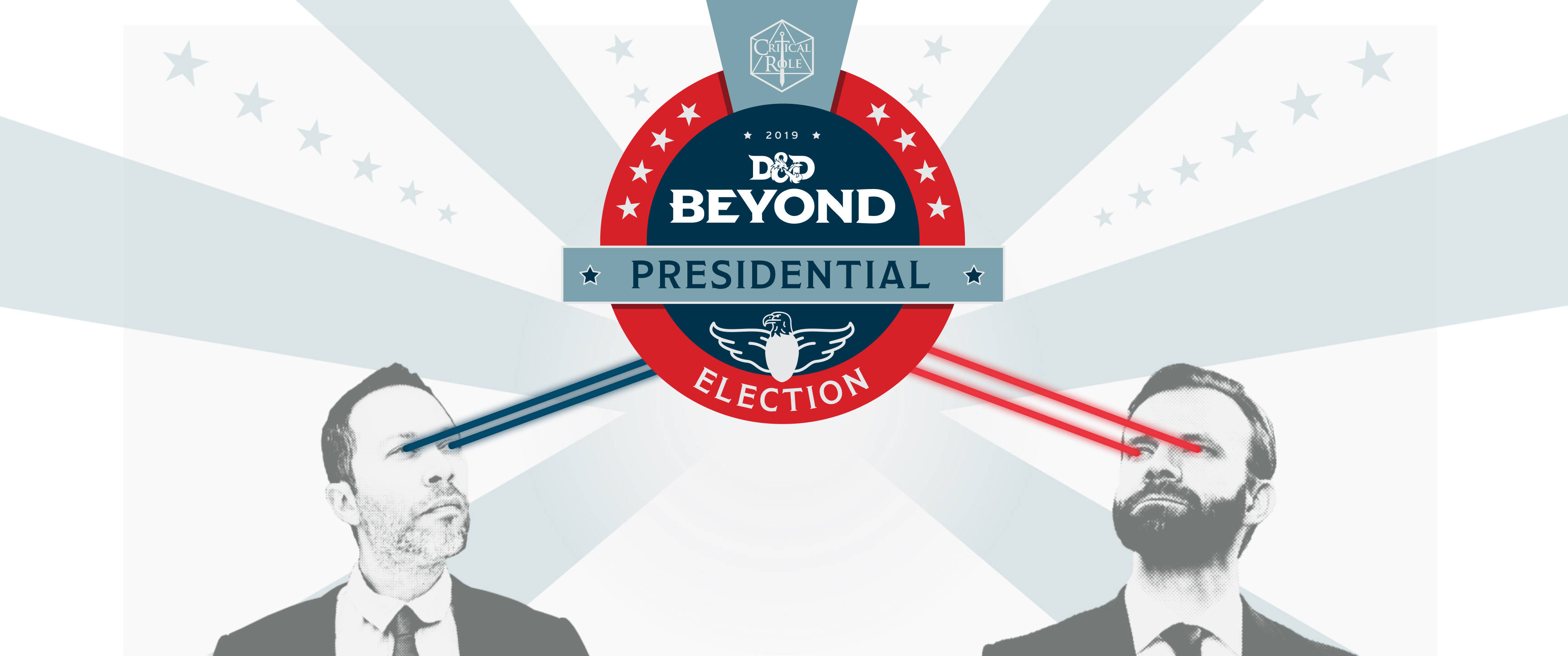 Election 桌布 壁紙 — 兩名身穿西裝的男子隔著一個風格化的總統選舉標誌對峙，標誌上有放射狀星星和紅藍光束。