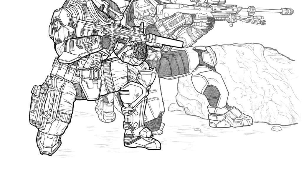 Halo Unsc 桌布 壁紙 — 兩名身穿詳細未來裝甲的士兵蹲在岩石後面，步槍向前瞄準，以清晰的黑白線條繪製。