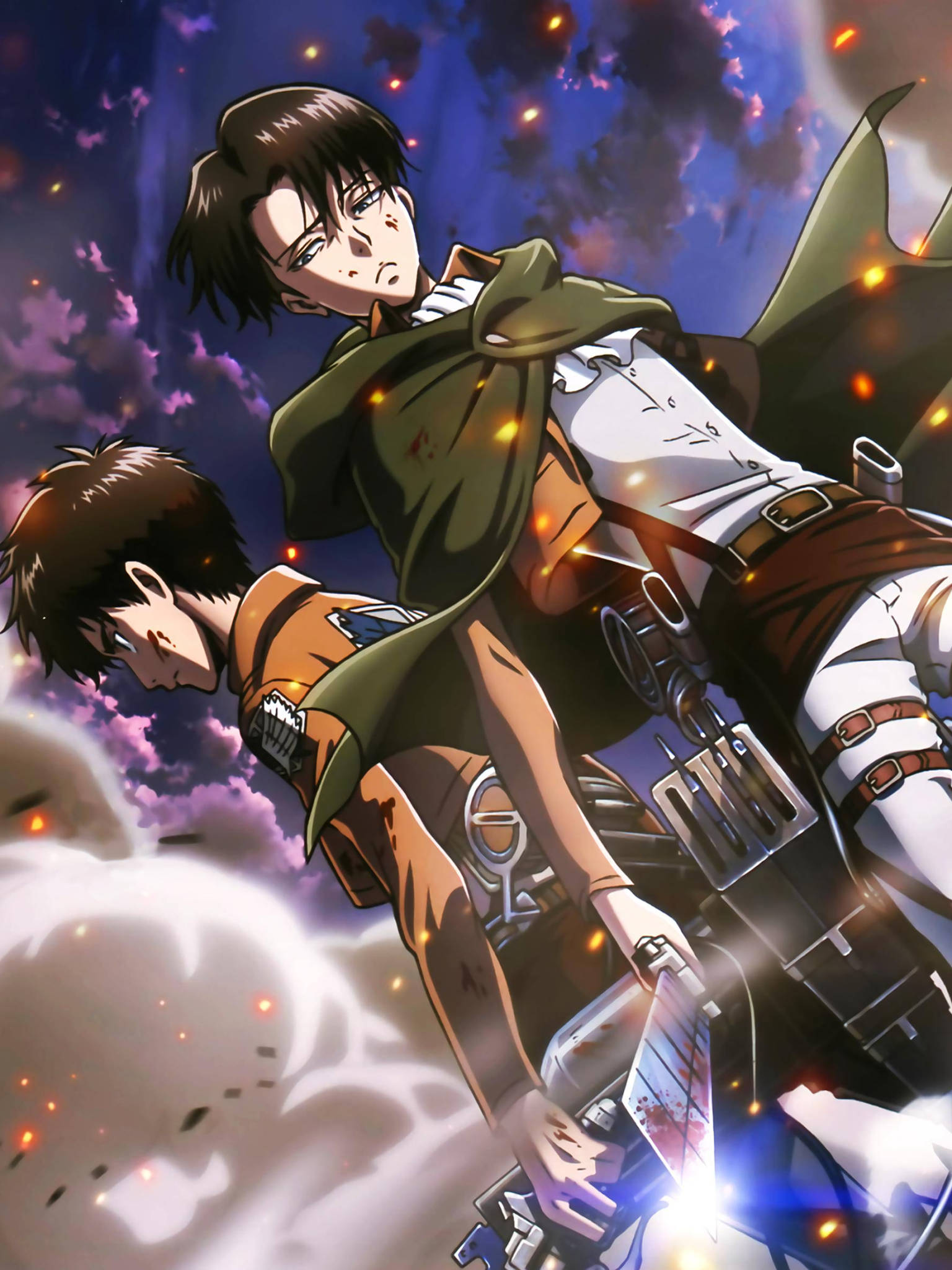 Attack On Titan Titan Eren 桌布 壁紙 — 兩名身穿軍裝的動漫戰士在爆炸性的動作和發光的餘燼中，翱翔於火紅的暮色天空。