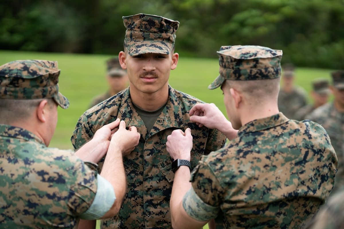 Marines 桌布 壁紙 — 兩名身穿迷彩制服的海軍陸戰隊員在戶外草地上，將勳章別在中央一名海軍陸戰隊員的胸前。