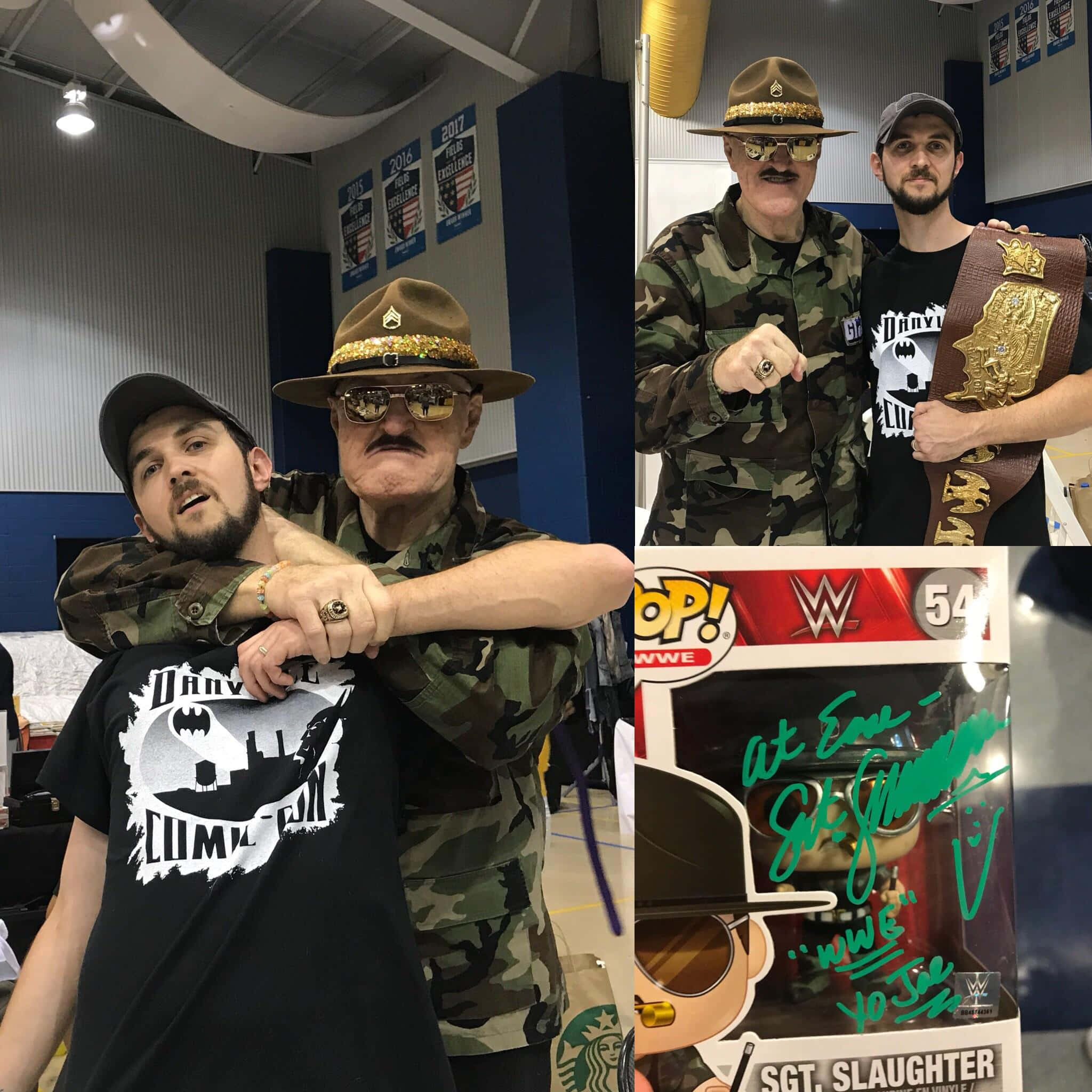 Legend 桌布 壁紙 — 兩名身穿迷彩服和戴帽子的男子在展會上與WWE冠軍腰帶和簽名版Sgt Slaughter Funko Pop合影。
