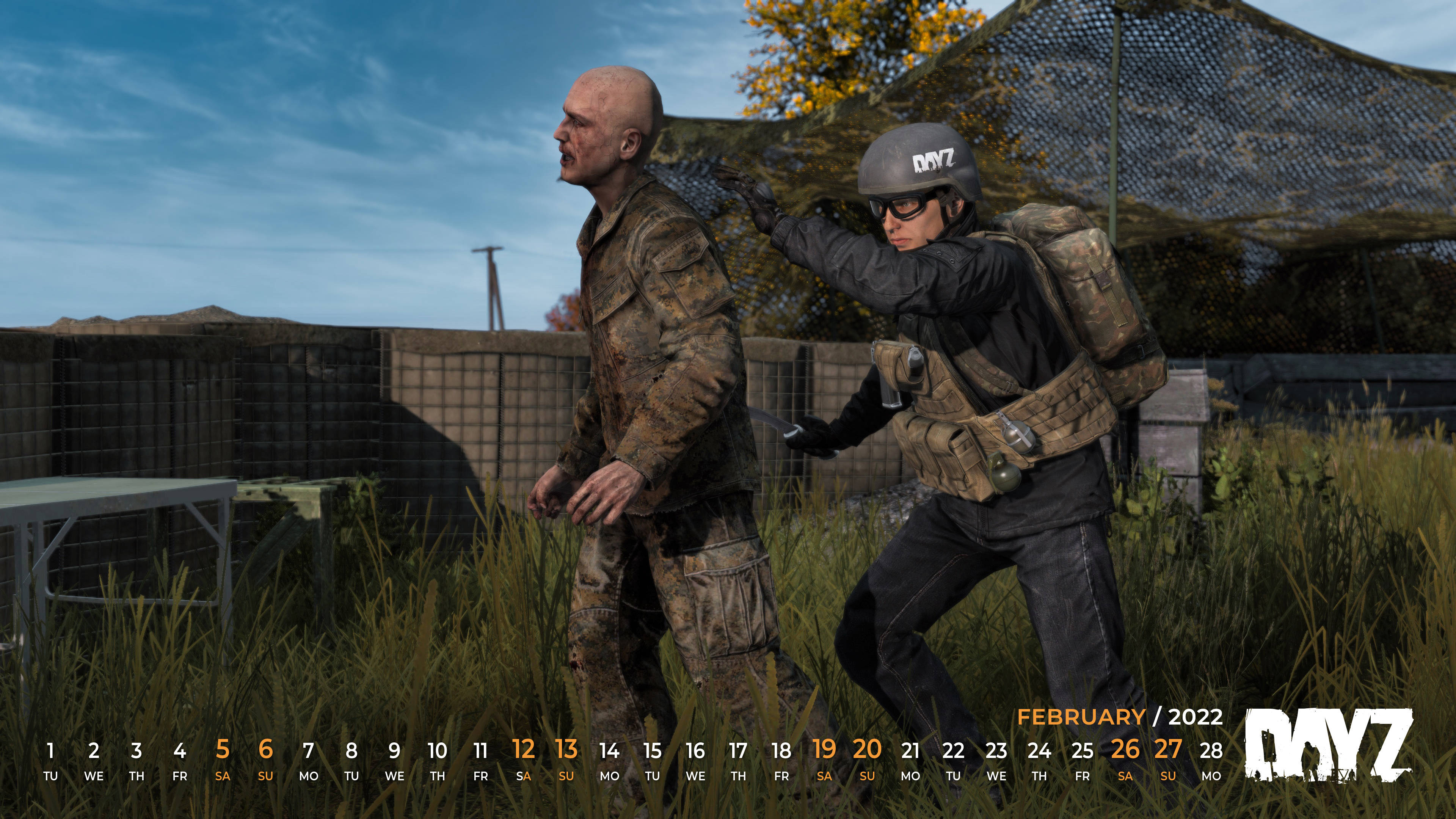 DayZ 桌布 壁紙 — 兩名身穿迷彩裝備的武裝倖存者在晴朗藍天下的一片草地戶外營地中對峙。