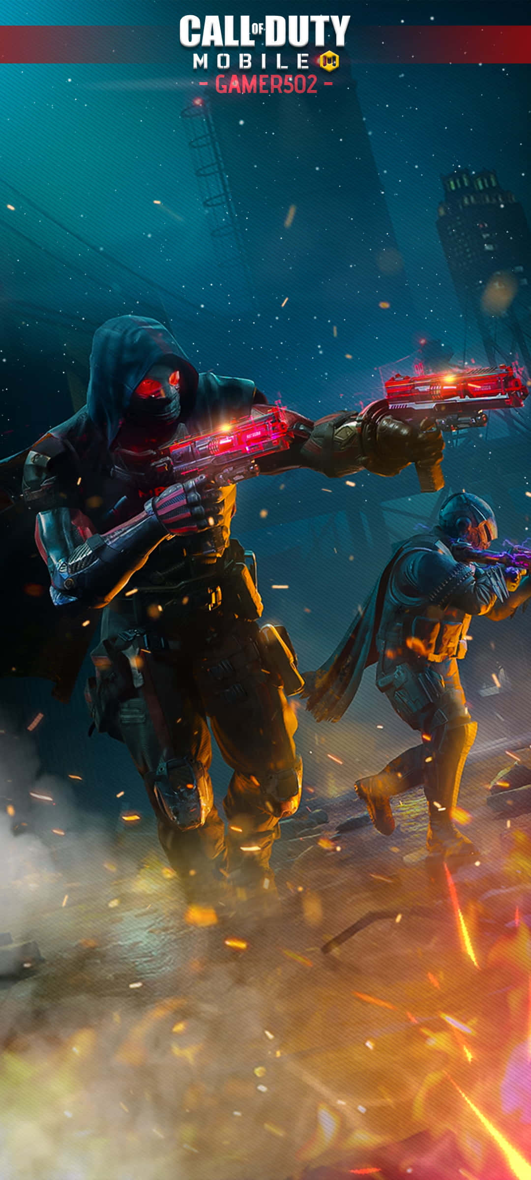 Cod Mobile Character Skins 桌布 壁紙 — 兩名身穿連帽裝備的裝甲士兵在黑暗的城市戰場上，於熾熱爆炸中發射發光的紅色武器。