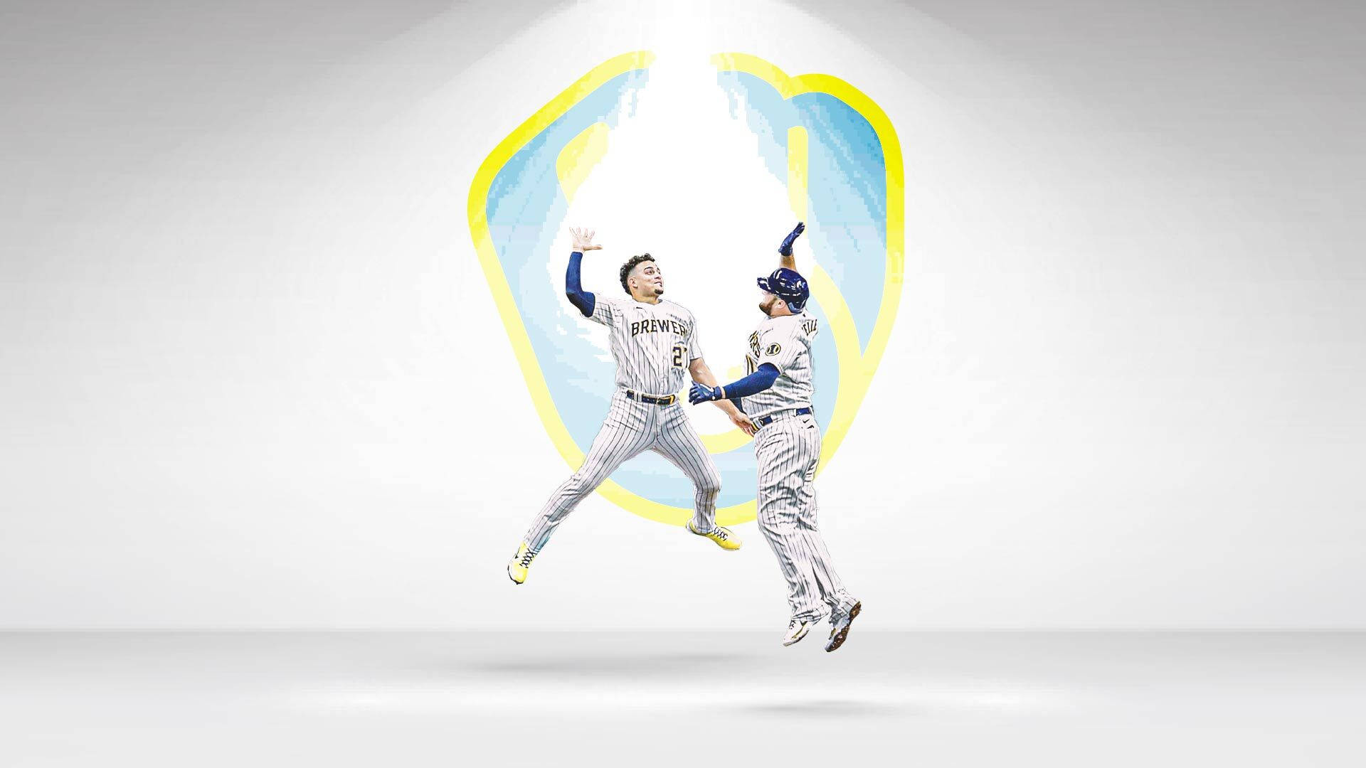 Brewers 桌布 壁紙 — 兩名身穿釀酒人隊球衣的棒球選手在發光的抽象黃藍背景下歡樂跳躍。