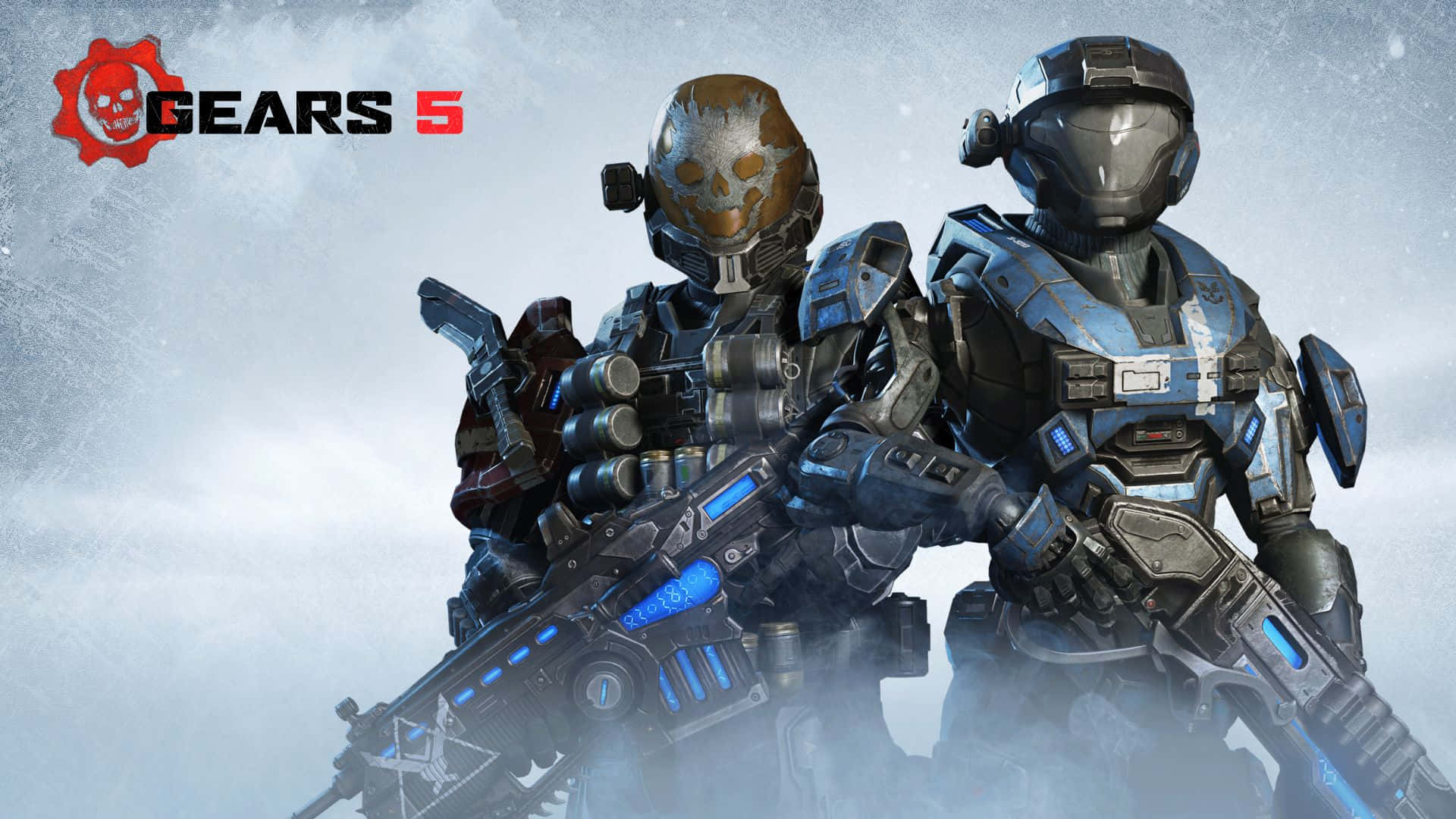 1080p Gears Of War 5 桌布 壁紙 — 兩名身穿重甲、手持未來武器的士兵，站在灰濛濛的天空下，身處積雪迷霧的環境中。