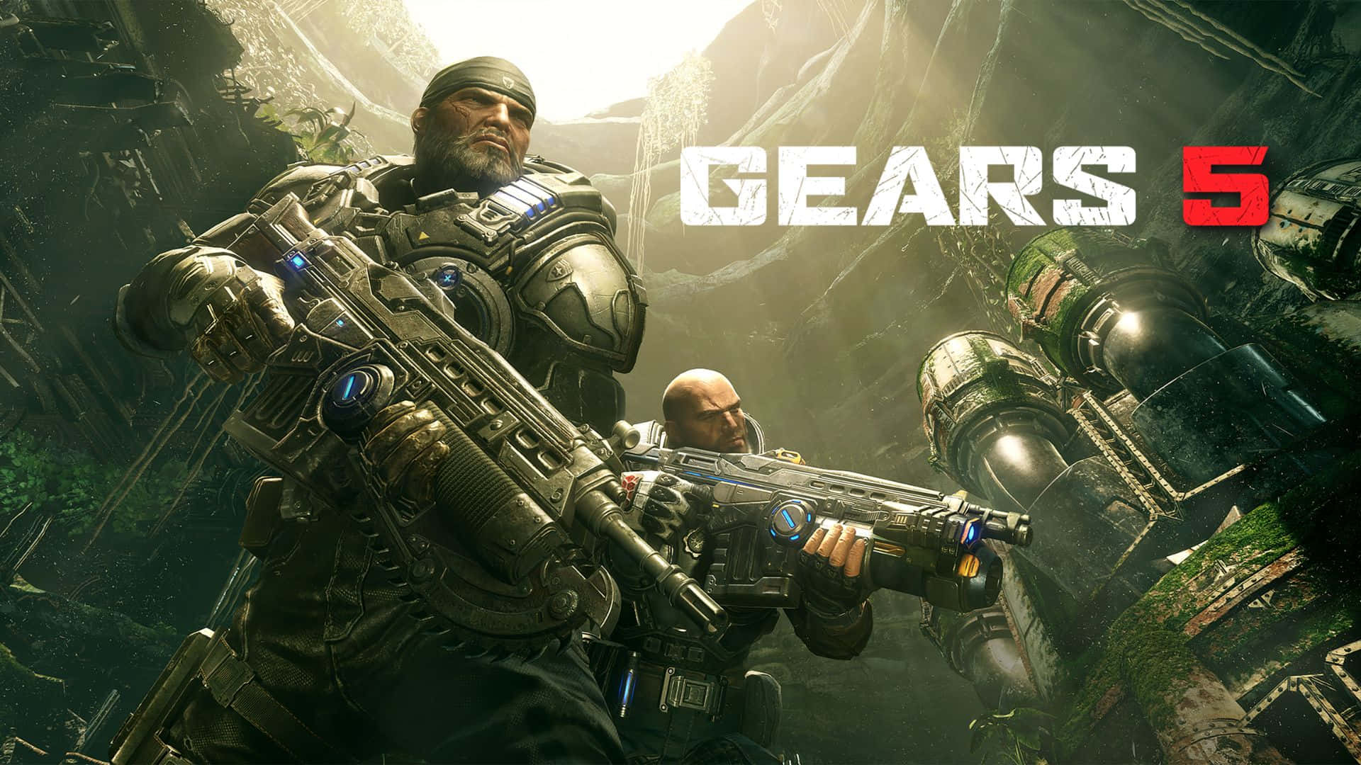 1080p Gears Of War 5 桌布 壁紙 — 兩名身穿重甲的士兵手持重型武器，在廢墟中長滿青苔的戰場上，在戲劇性的燈光下準備就緒。