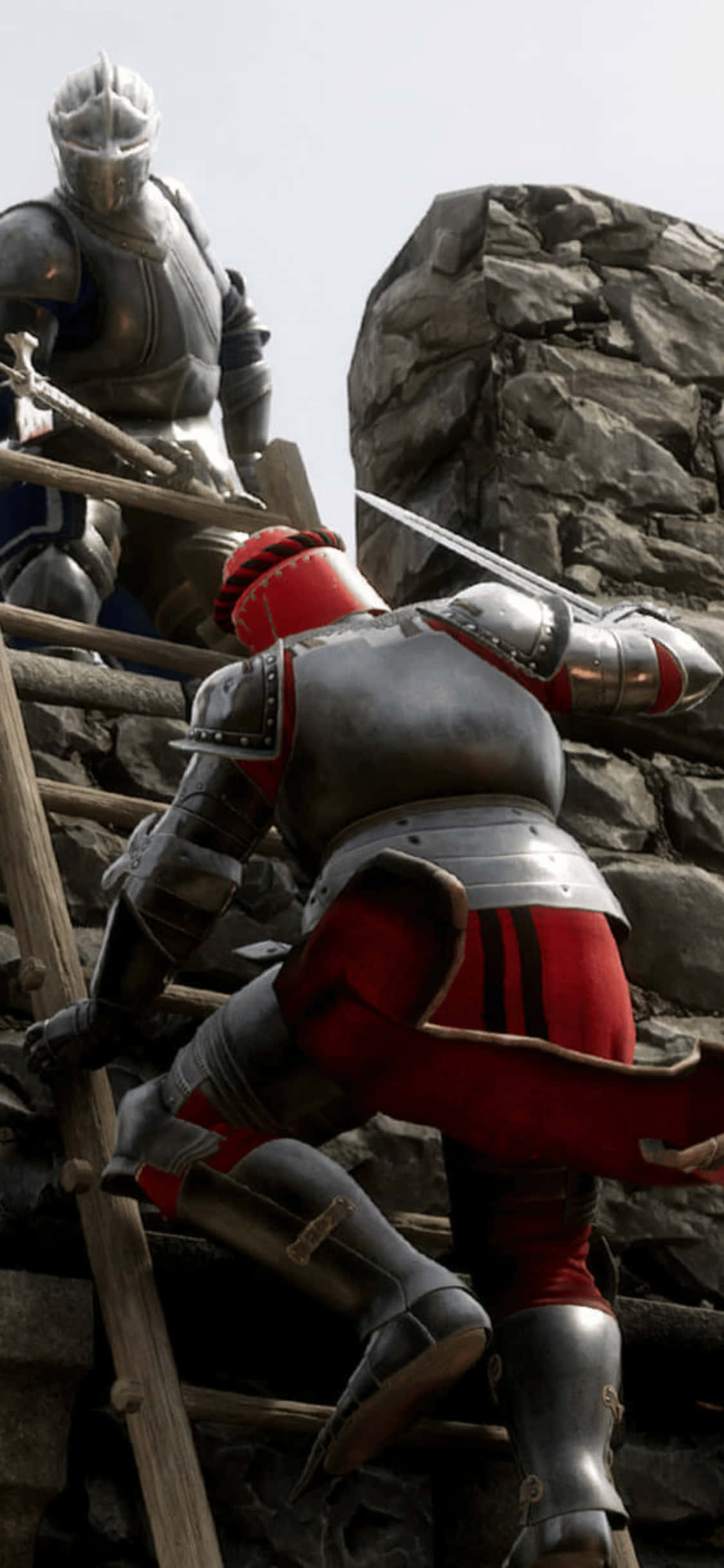 iPhone Xs Mordhau 桌布 壁紙 — 兩名身穿銀紅鱗甲的騎士，在陰天之下攀爬靠在堅固石牆上的木梯。