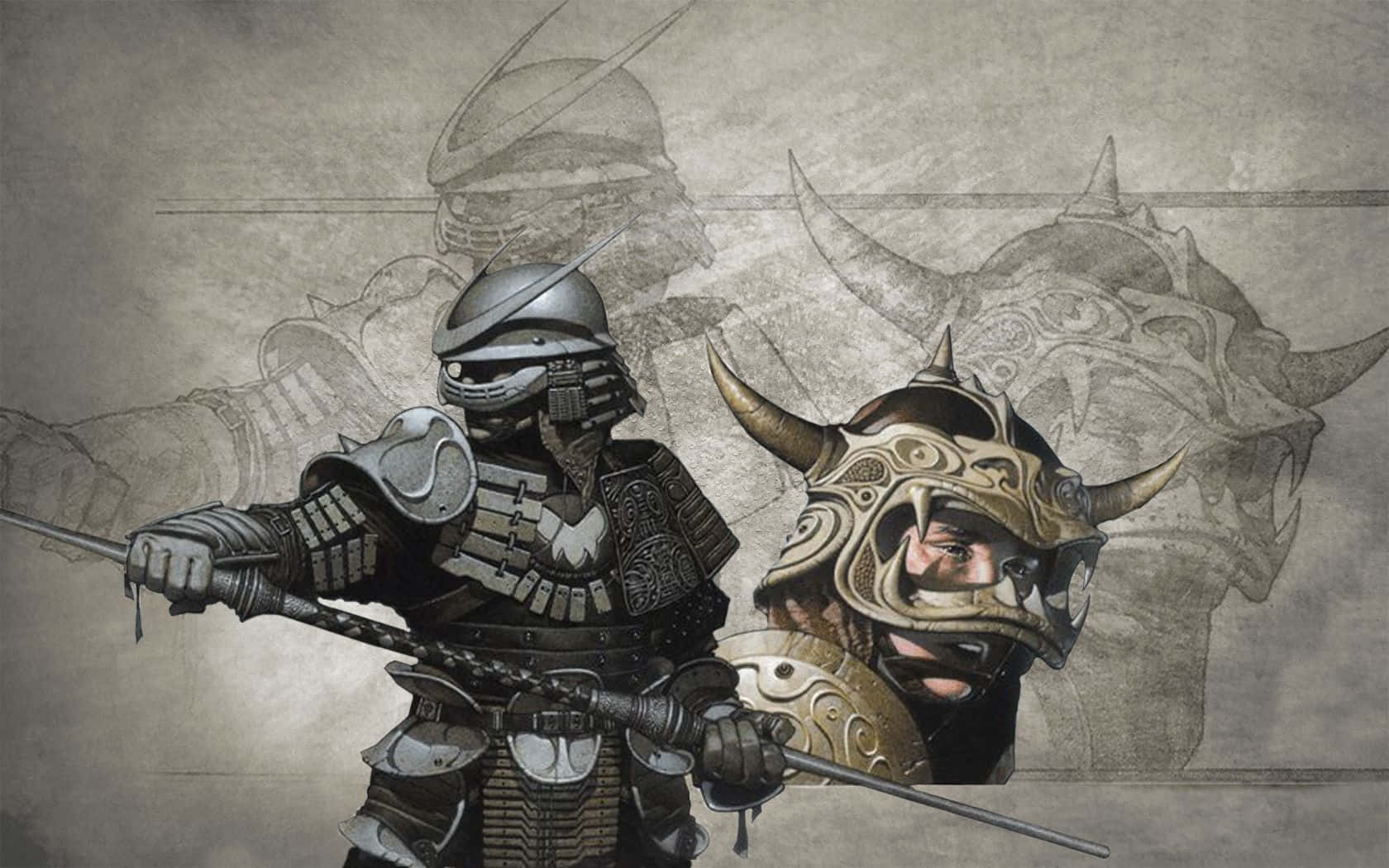Ronin 桌布 壁紙 — 兩名身穿鎧甲、頭戴精緻頭盔的武士，在褪色的羊皮紙背景前持劍擺出姿勢。