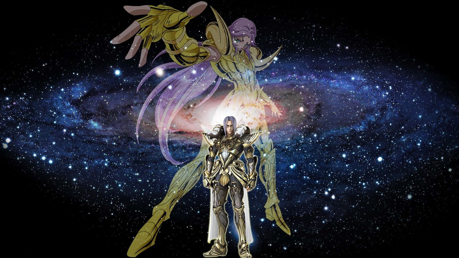 牡羊座 桌布 壁紙 — 兩名身穿鎧甲的動漫戰士站在發光的宇宙漩渦前，背景是繁星點點的銀河。