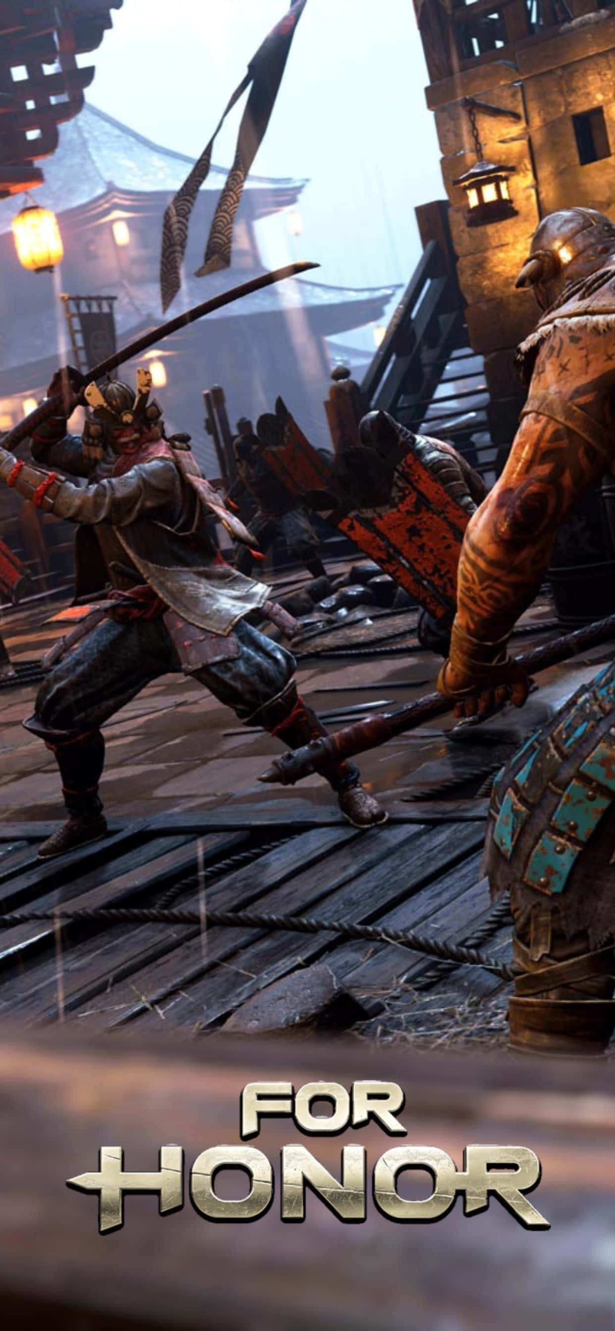 iPhone Xs Max For Honor 桌布 壁紙 — 兩名身穿鎧甲的戰士在一個下雨的中世紀小鎮的木橋上衝突，周圍有發光的燈籠。
