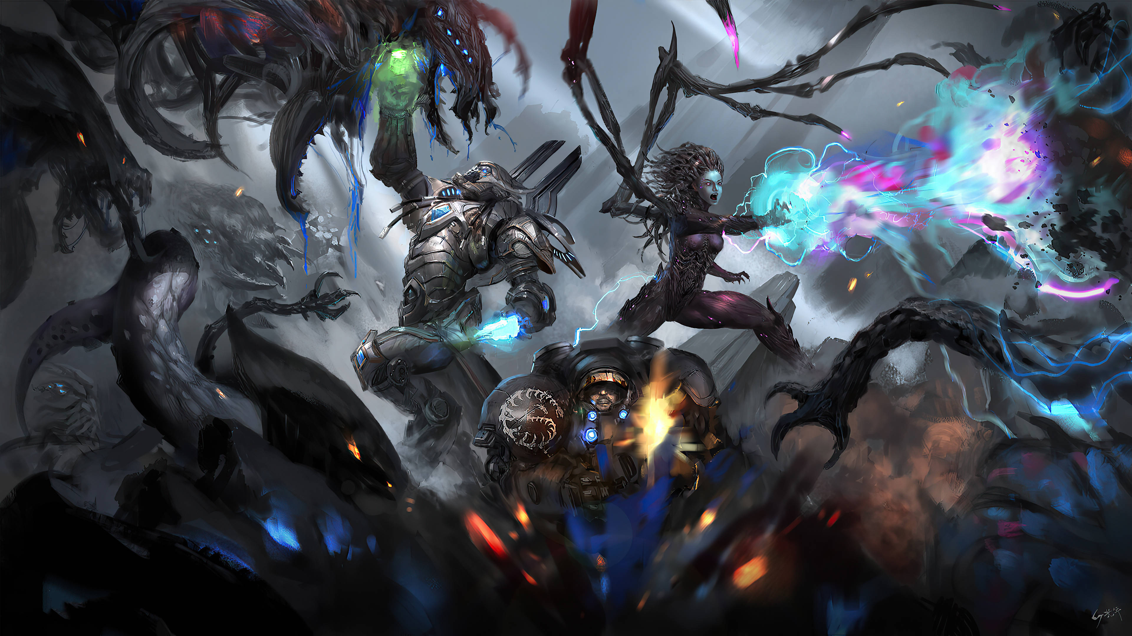 電玩遊戲 桌布 壁紙 — 兩名身穿鎧甲的戰士在旋轉的宇宙能量和發光的魔法效果中與怪物般的觸手戰鬥。