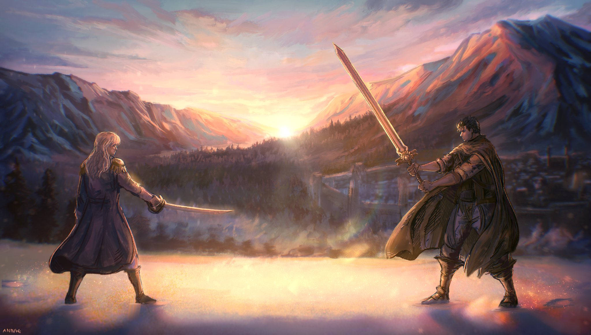 Berserk Guts 桌布 壁紙 — 兩名身穿鎧甲的戰士在日落時分的雪山山谷中揮劍交鋒，伴隨著發光的光芒和迷霧。