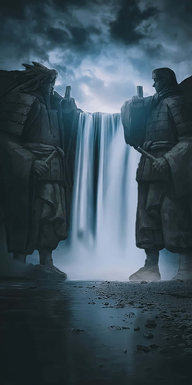 桌布 壁紙 — 兩名身穿鎧甲的戰士在暴風雨夜空的映襯下，莊嚴地站在發光瀑布的兩側。