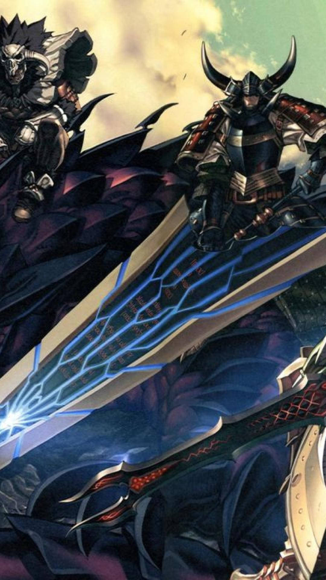 monster hunter iPhone 桌布 壁紙 — 兩名身穿鎧甲的戰士在暴風雨的天空下，用發光的劍激烈交鋒，構成動態的動漫戰鬥場景。