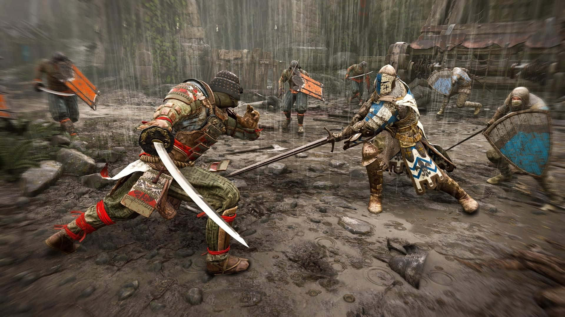 For Honor 桌布 壁紙 — 兩名身穿鎧甲的戰士在泥濘的雨戰場上交鋒，周圍還有其他人在戰鬥。