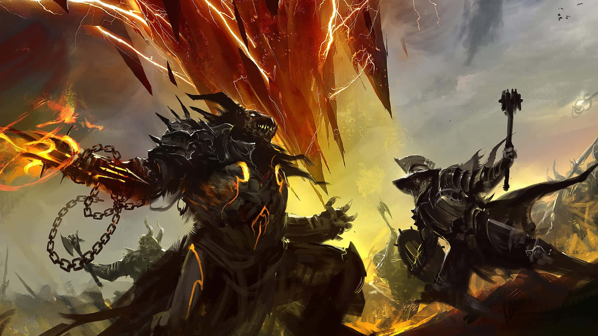 2 Player Games 桌布 壁紙 — 兩名身穿鎧甲的戰士在熾熱的戰場上碰撞，閃電劃過，熔化的鎖鏈在空中飛舞。