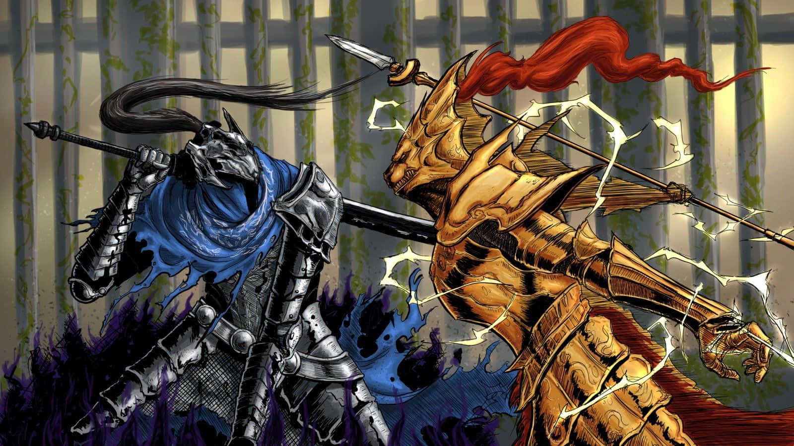 Artorias The Abysswalker 桌布 壁紙 — 兩名身穿鎧甲的戰士在竹林背景下，伴隨著發光的能量火花和飄逸的紅黑頭髮，展開一場動態的動漫戰鬥。