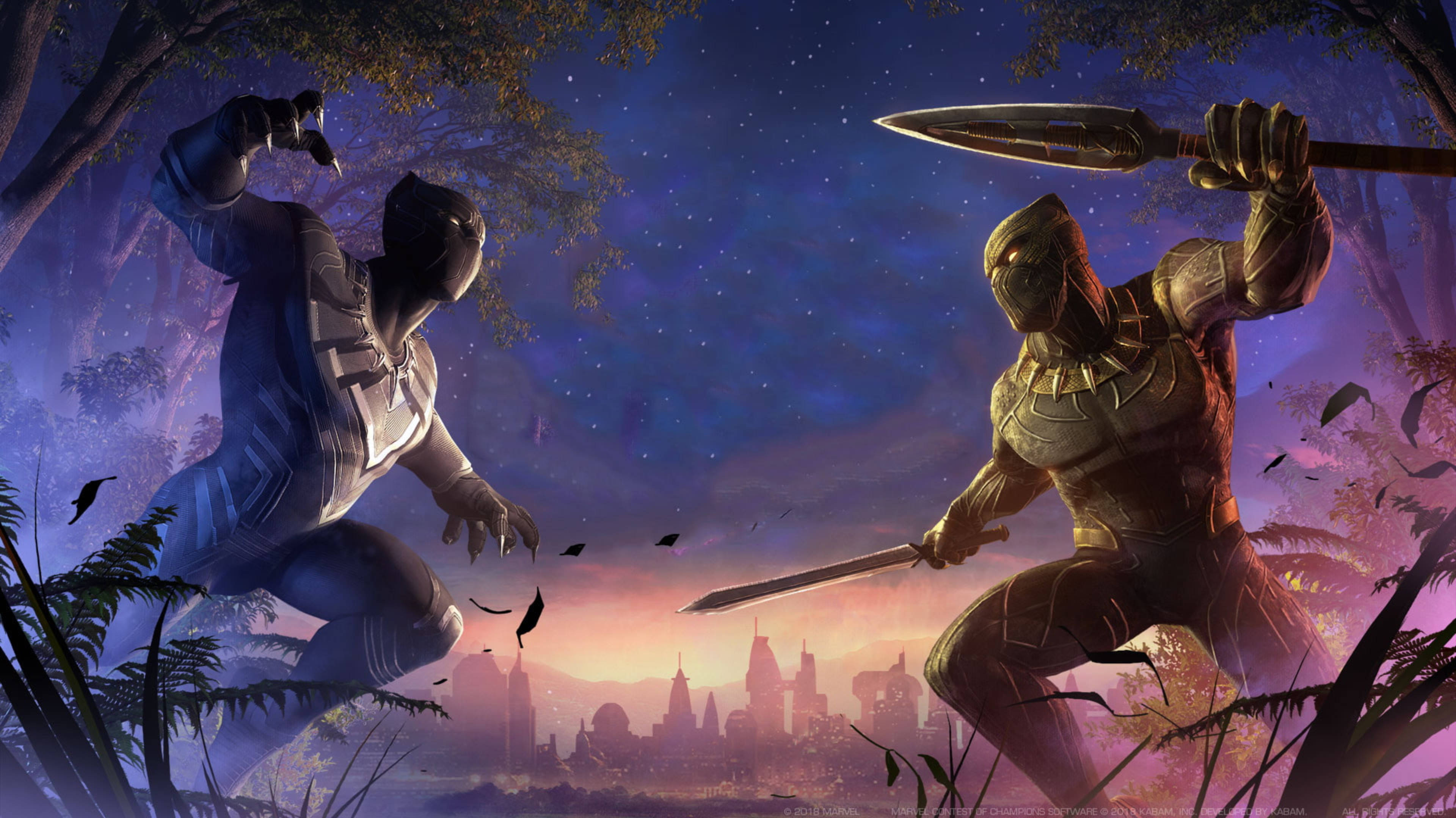 殺人魔哥 桌布 壁紙 — 兩名身穿鎧甲的戰士在繁星點點的暮色天空下的神秘森林中交鋒，遠處的城市景觀在下方閃耀。