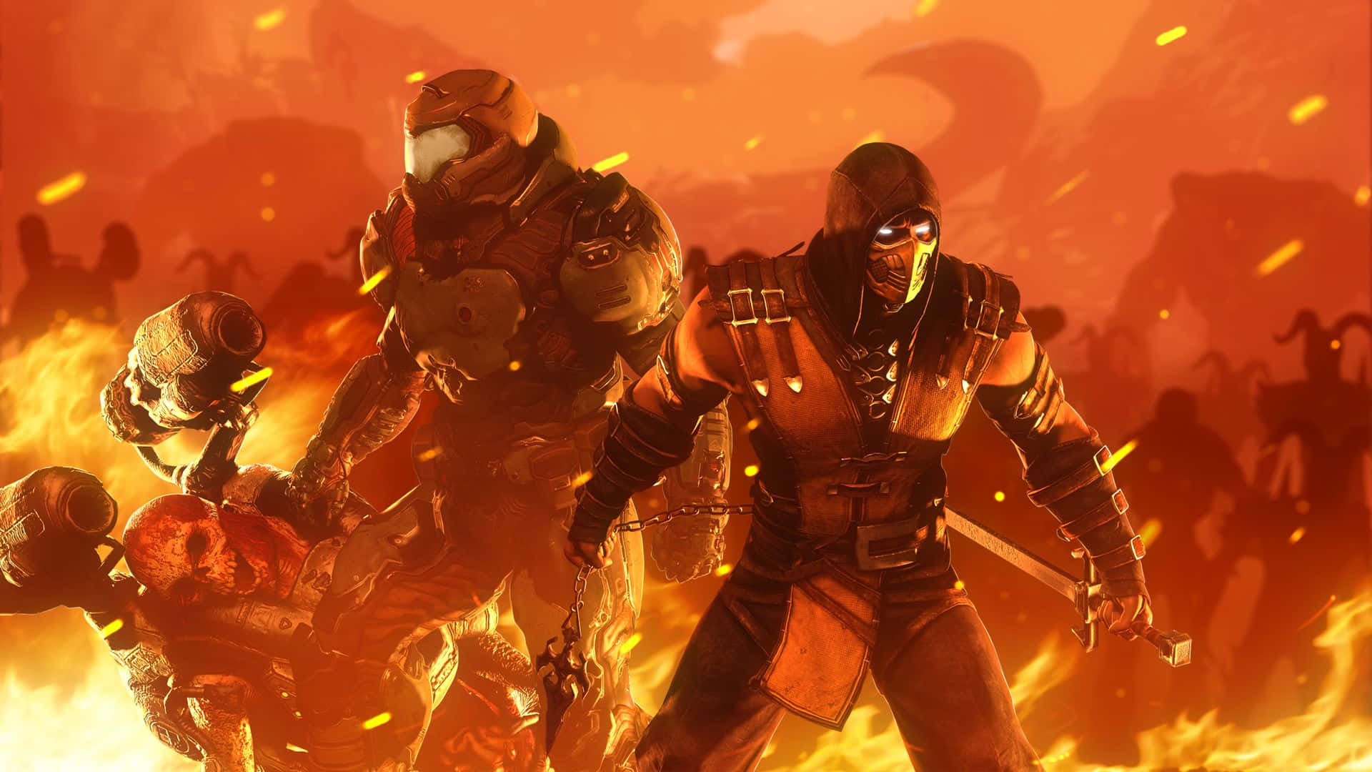 Doom Slayer 桌布 壁紙 — 兩名身穿鎧甲的戰士在血橙色天空下，於猛烈爆炸中戰鬥，身後有剪影般的敵人。