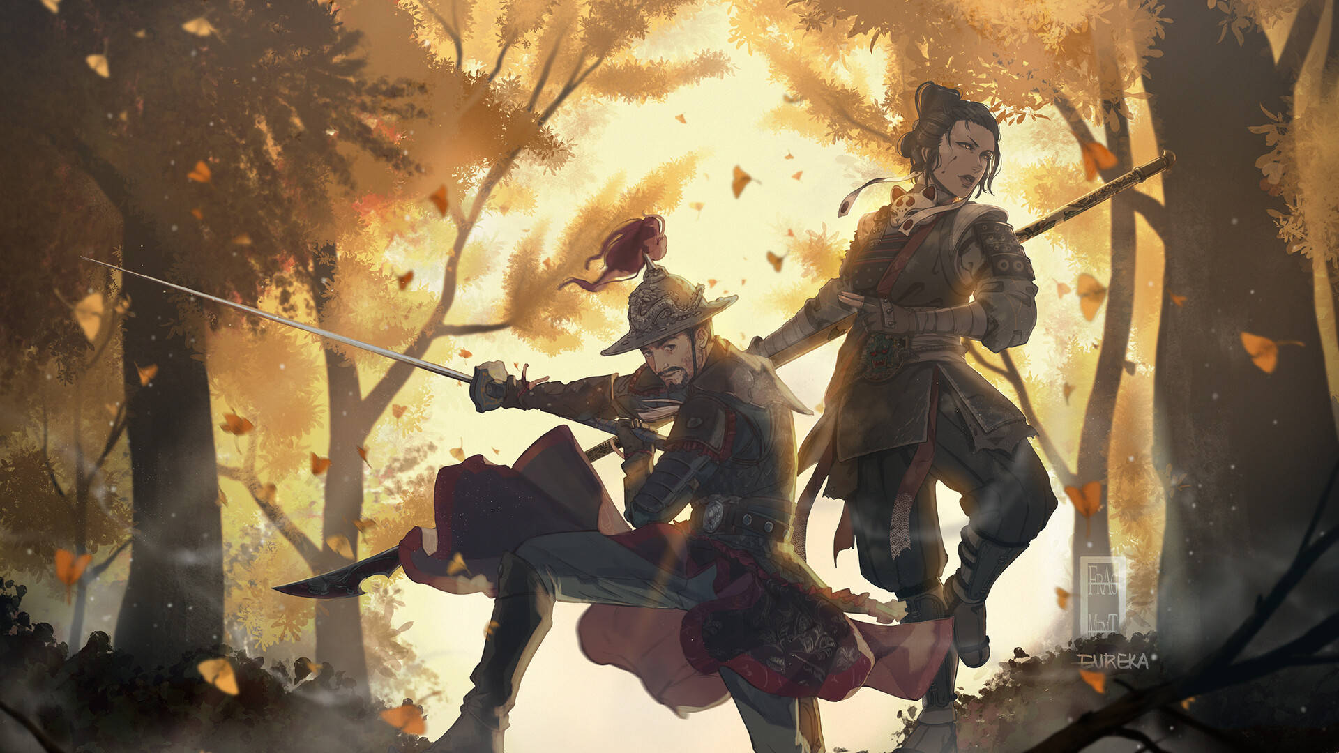 Honor 桌布 壁紙 — 兩名身穿鎧甲的戰士在金色秋林中激烈交鋒，落葉在他們周圍戲劇性地旋轉飛舞。
