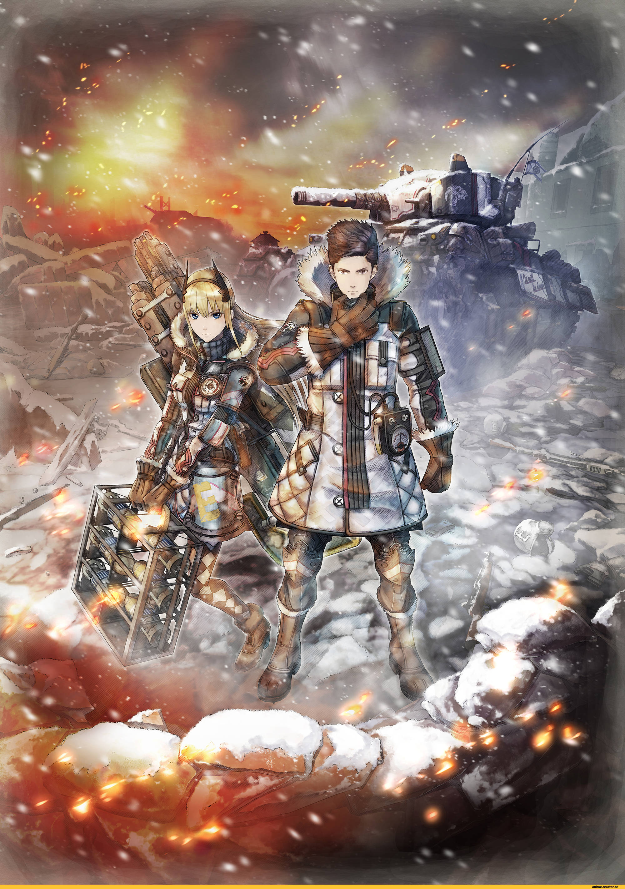 Valkyria Chronicles 桌布 壁紙 — 兩名身穿鎧甲的戰士在雪地戰場上堅定站立，爆炸和墜落的餘燼照亮了他們身後被毀的景觀。