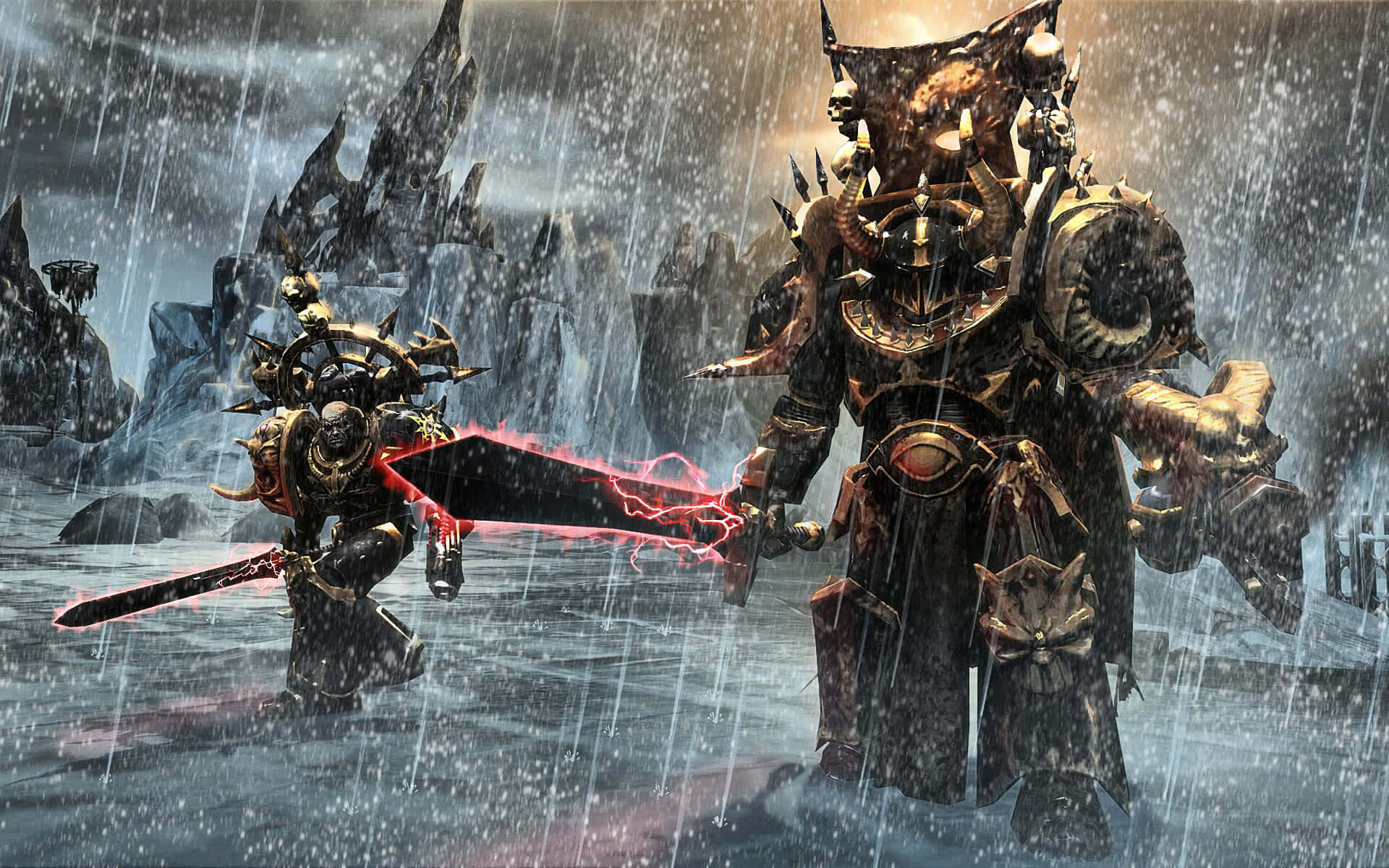 character design 桌布 壁紙 — 兩名身穿鎧甲的戰士在風暴肆虐的冰原上激烈交鋒，背景是鋸齒狀的山脈和陰暗的天空。