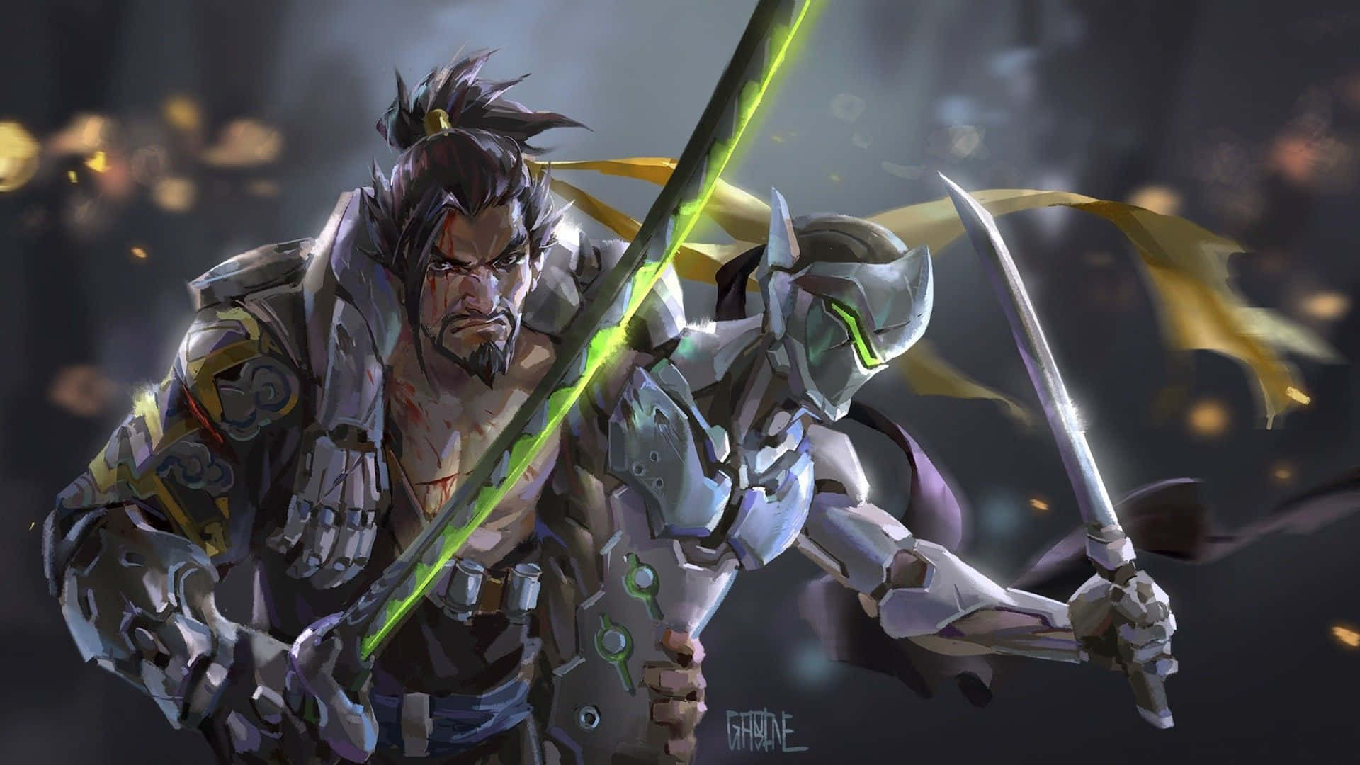 Characters 桌布 壁紙 — 兩名身穿鎧甲的戰士在黑暗煙霧彌漫的戰場上刀劍相擊，綠色發光劍刃與金色火花四濺。