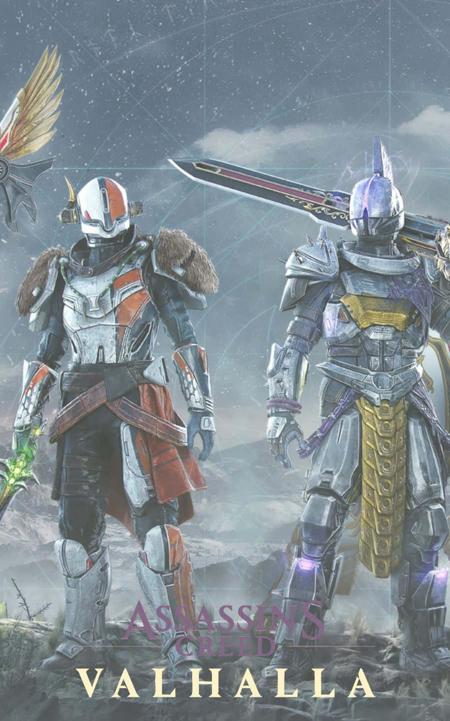 Destiny 2 桌布 壁紙 — 兩名身穿鎧甲的戰士站在霧氣瀰漫的山地景觀中，星空下，一人揮舞著發光的劍，另一人扛著一把大刀。