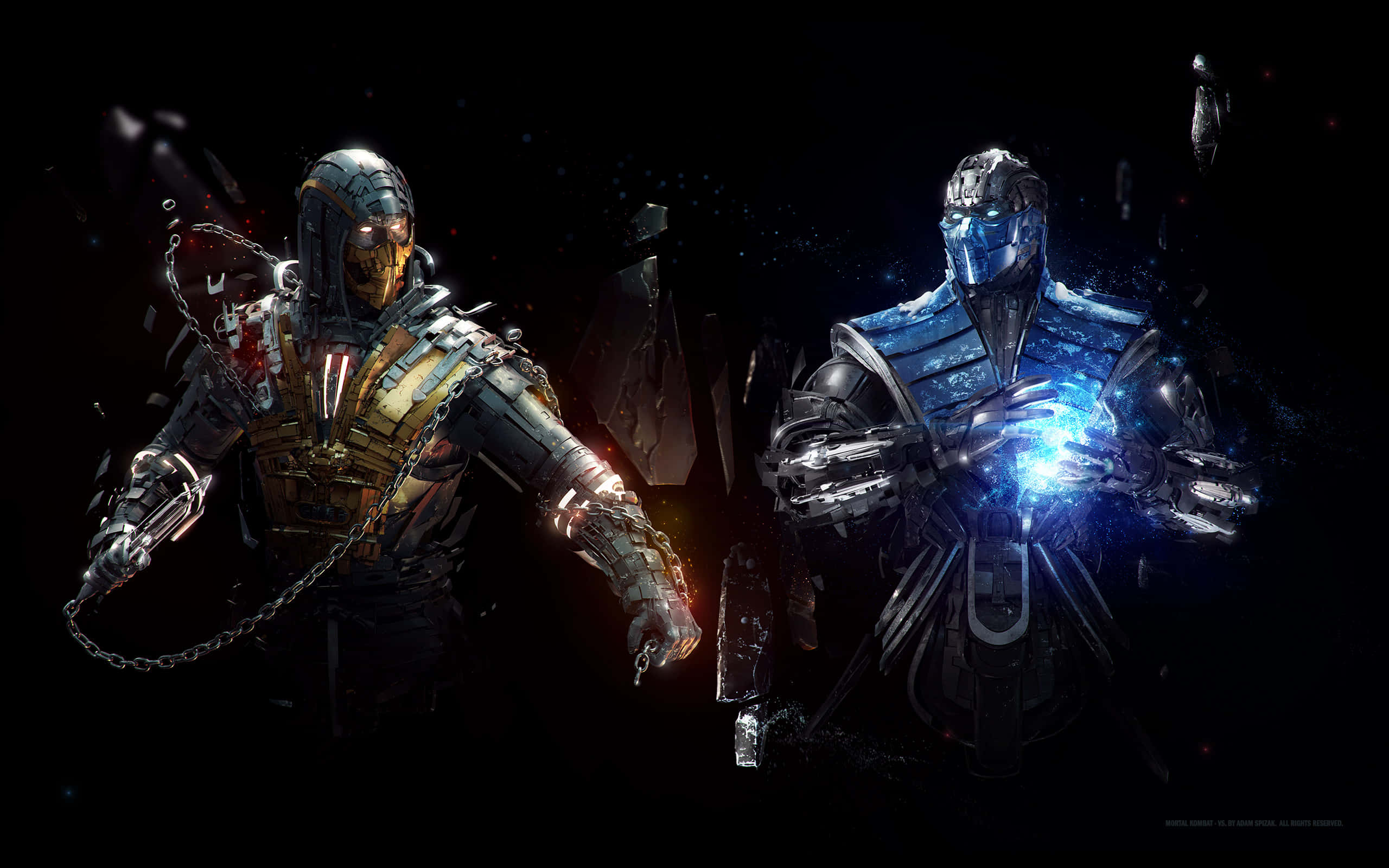 Mortal Kombat Sub-zero 桌布 壁紙 — 兩名身穿鎧甲的戰士站在黑暗中，一人散發藍色能量，另一人揮舞著鏈條武器。