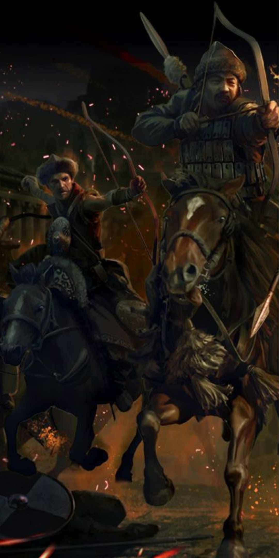 電玩遊戲 桌布 壁紙 — 兩名身穿鎧甲的戰士騎著奔騰的駿馬，拉弓向前衝鋒，周圍火花四濺，戰場殘骸飛揚。