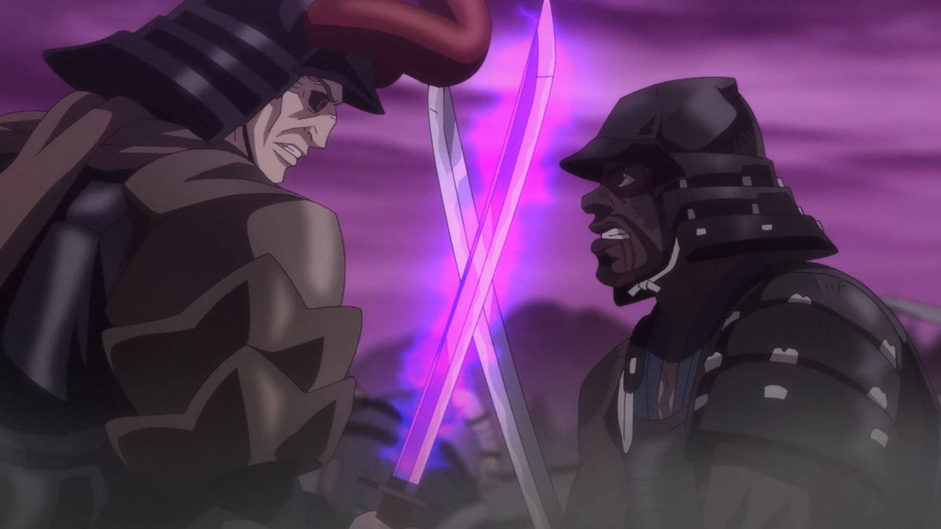 Yasuke 桌布 壁紙 — 兩名身穿鎧甲的武士戰士在戲劇性的紫色戰鬥場景中激烈交鋒，表情強烈。