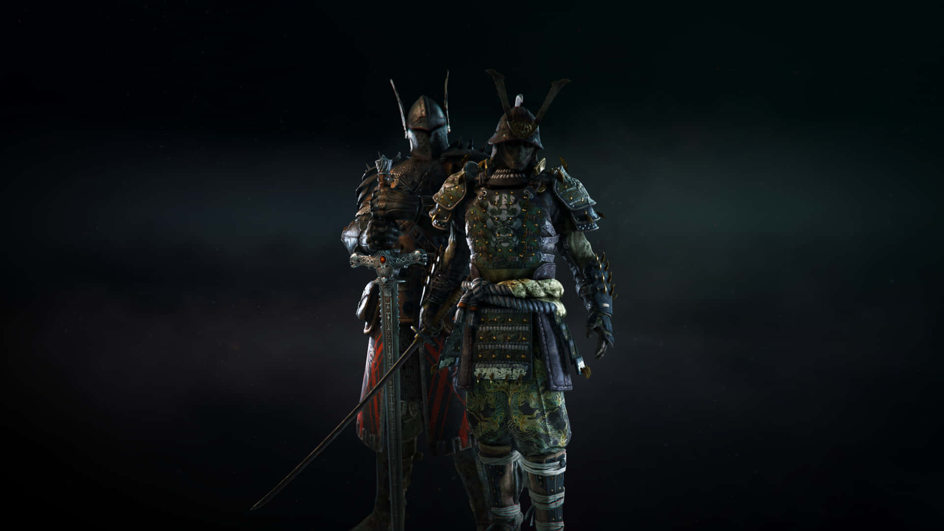Female Samurai For Honor 桌布 壁紙 — 兩名身穿鎧甲的武士站在黑暗迷霧的虛空中，一人手持武士刀，另一人手持長劍，兩人均全副武裝。
