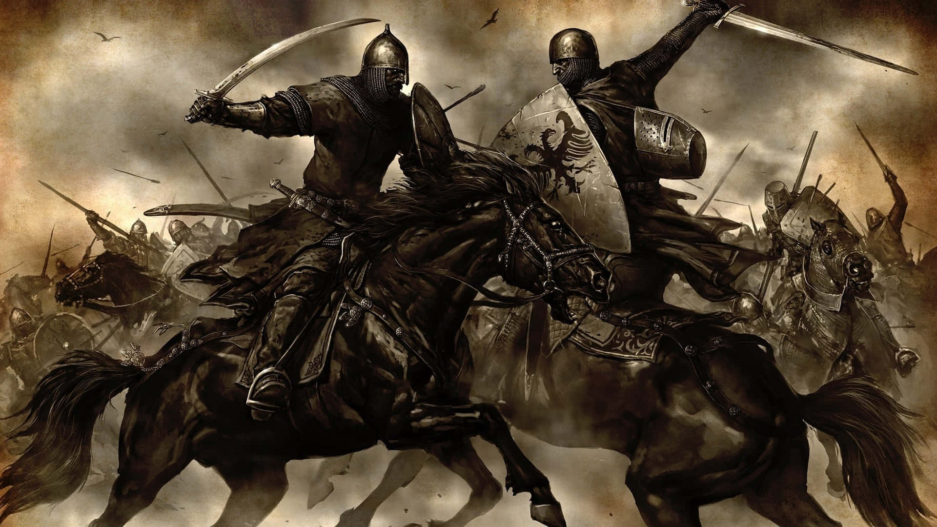 Epic Battle 桌布 壁紙 — 兩名身穿鎧甲的騎士騎著黑馬，在暴風雨的天空下，於混亂的中世紀戰場上衝鋒向前。