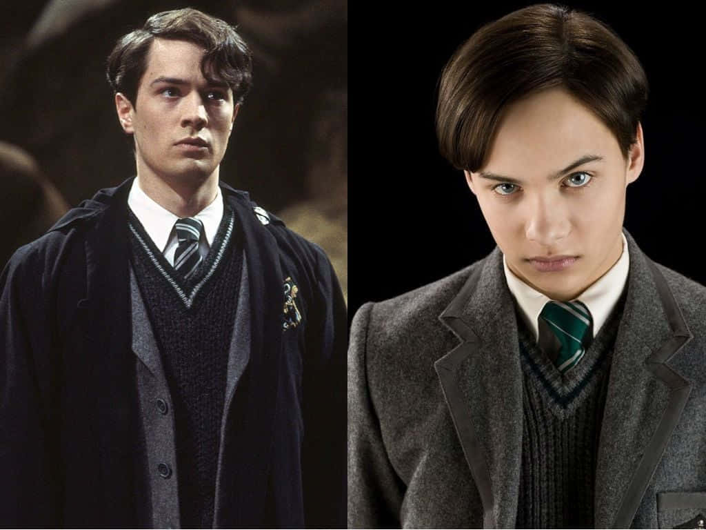 Tom Riddle 桌布 壁紙 — 兩名身穿霍格華茲制服的年輕男子專注地凝視，一人穿著深色長袍，另一人穿著灰色外套，背景形成對比。